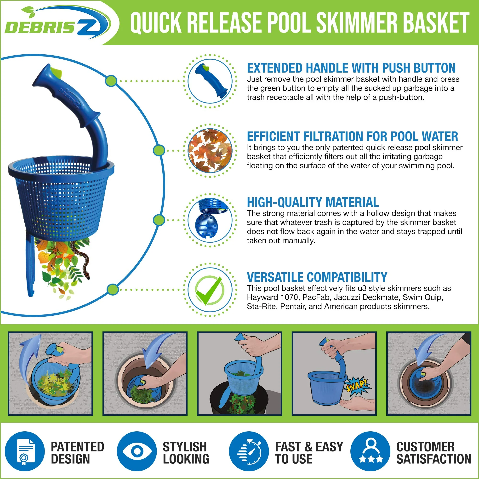DebrisZ B9 Skimmer Basket for Inground Pool - Patented Handle & Quick Release Empty. New Heavy Duty Design with Greater Strength, Fits Popular U3 Style Pool Skimmers - Image 6