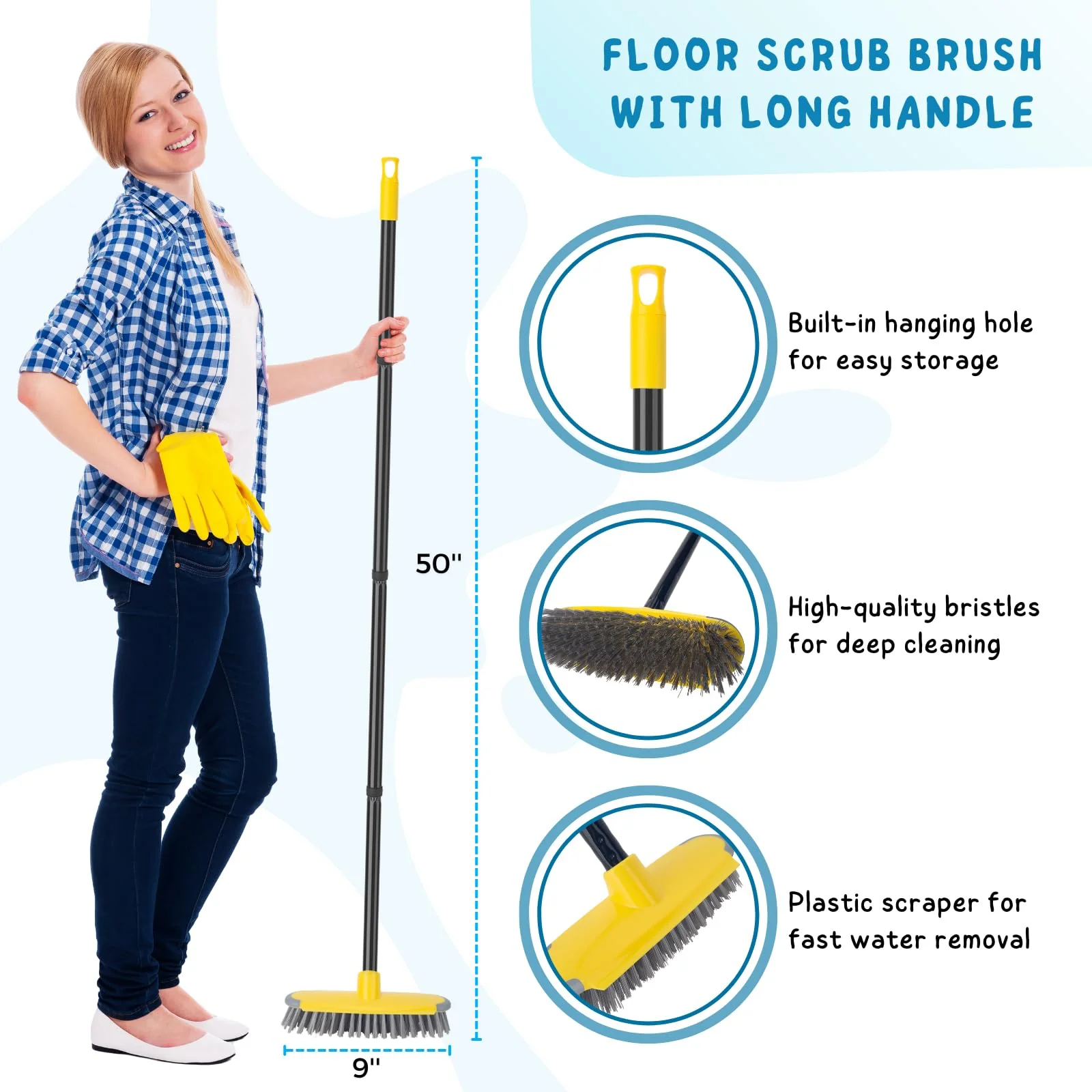 Deck Brush with Long Handle, Floor Scrub Broom for Shower, 50'' Outdoor Scrubber for Carpet, Boat, Patio, Garage, Concrete Cleaning - Image 8