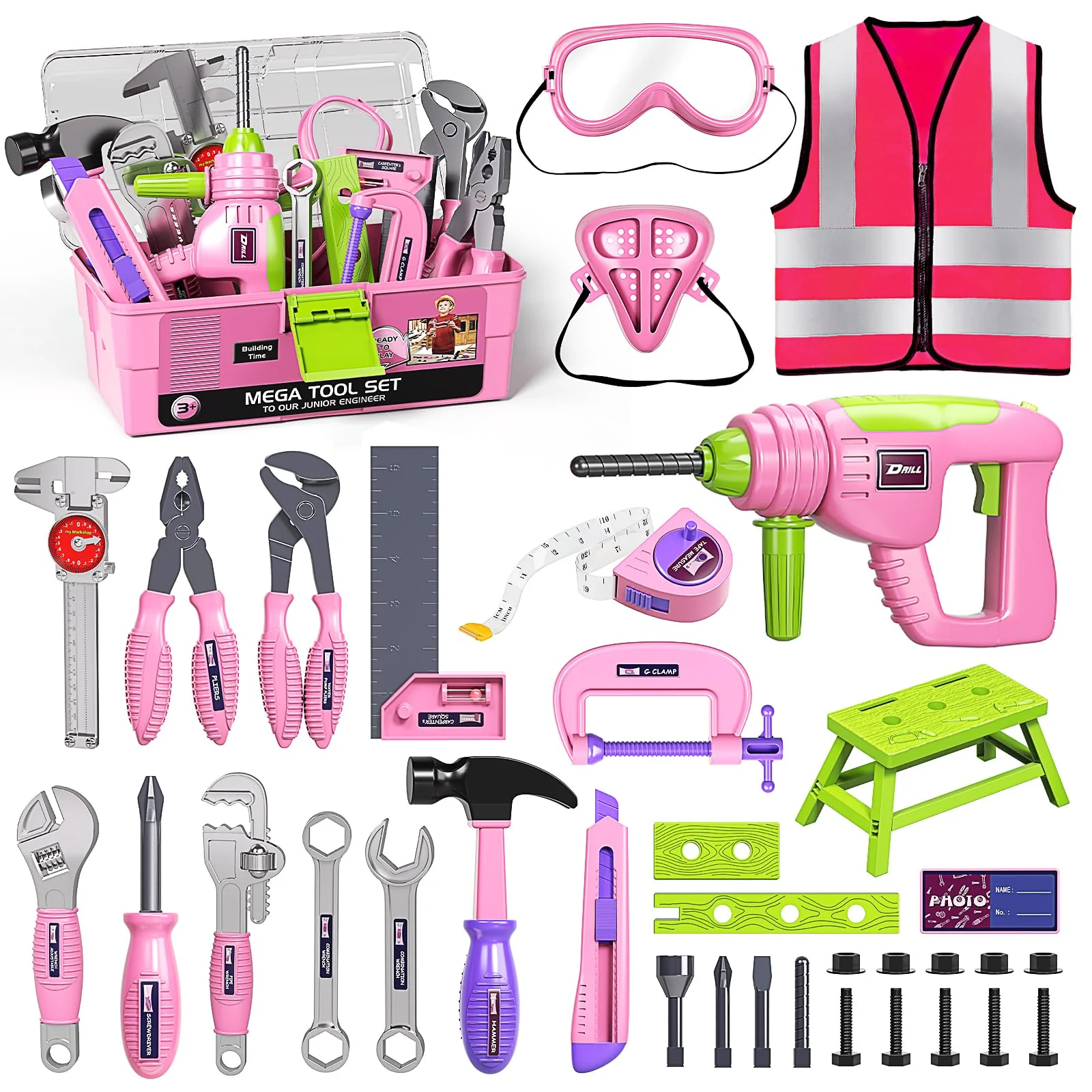 Deejoy Pink Kids Tool Set for Girls-Toddler Tool Set with Electronic Toy Drill & Tool Box, STEM Pretend Play Construction Toys with Costume Vest, Educational Gifts for Age 3 4 5 6 7 Year Old - Image 2