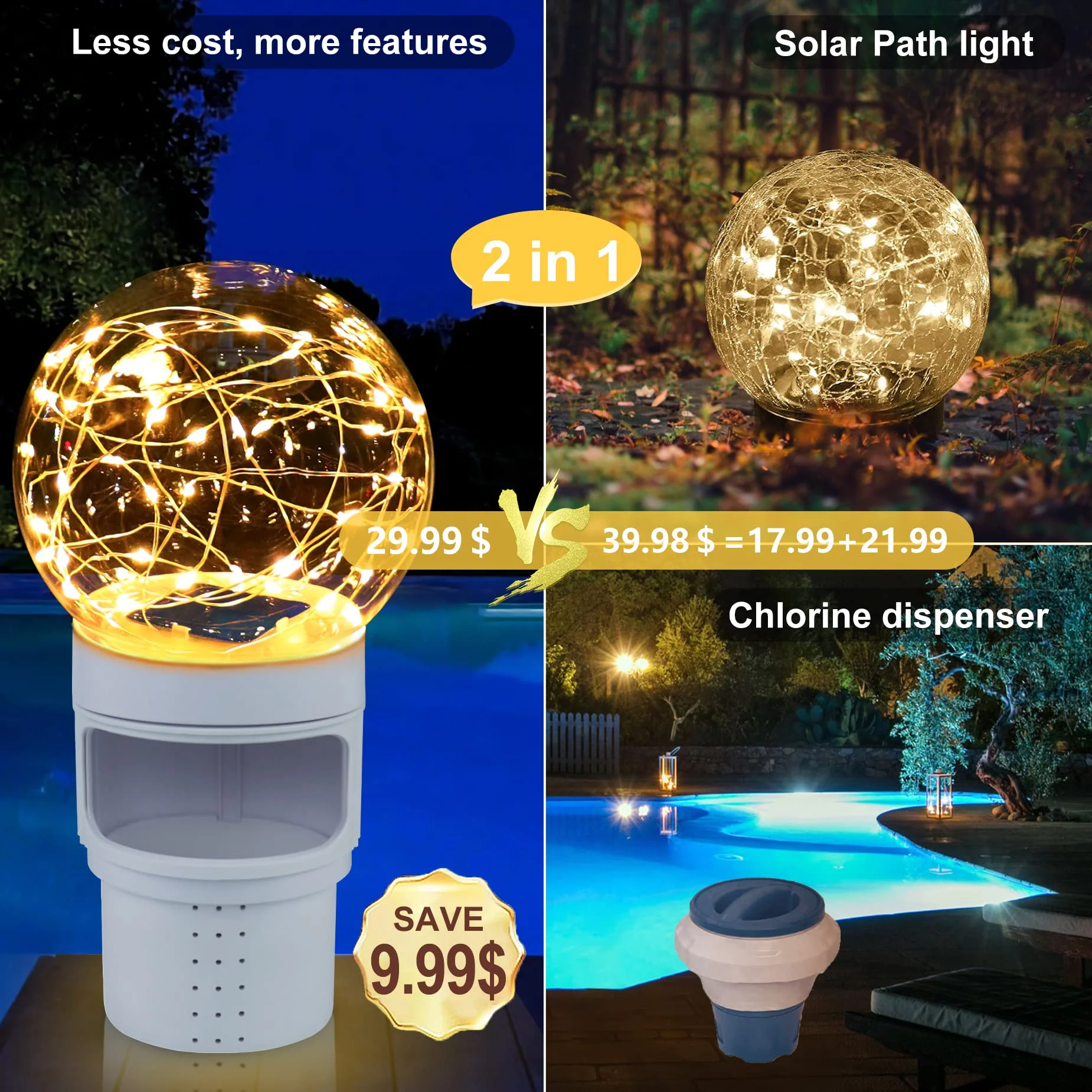 DeeprBlu Pool Chlorine Floater with Solar Ball Light, Floating Chlorine Dispenser for 3'' Chlorine Tablets, Chlorine Tablet Floater Chemical Dispenser Easy Opening, Bromine Tablet Holder for Pool, Spa - Image 2
