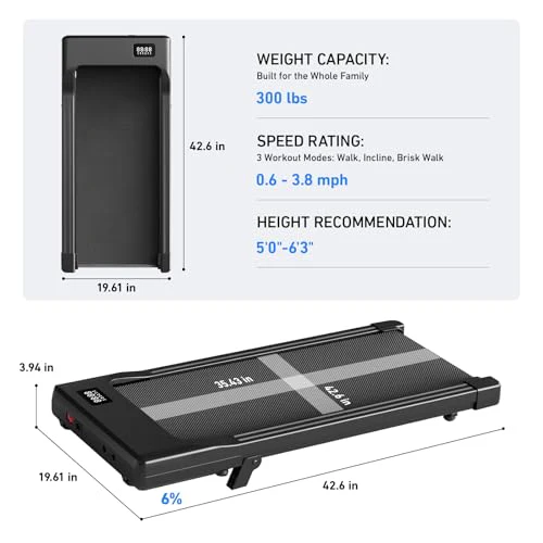 DeerRun Under Desk Walking Pad Treadmill with 6% Manual Incline, 0.6-3.8 MPH Walking Speed, 2.5 HP, 300 lb Capacity, App & Remote Control, for Home Office & Small Spaces - Image 10