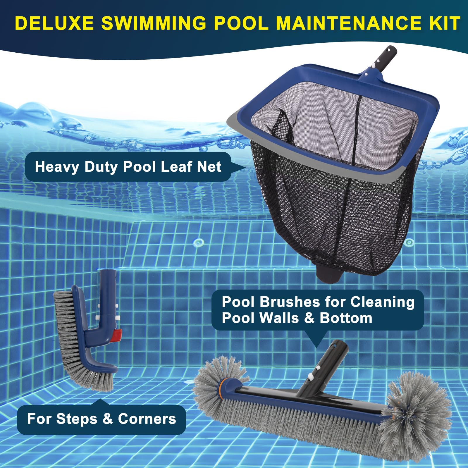 Deluxe Swimming Pool Cleaning Kit Including Pool Skimmer Net with Rubber Edge, 17.5" Pool Brush Head & Rotatable Pool Scrub Brush, Heavy Duty Pool Cleaning Kit Inground & Above Ground Pool (No Pole) - Image 2