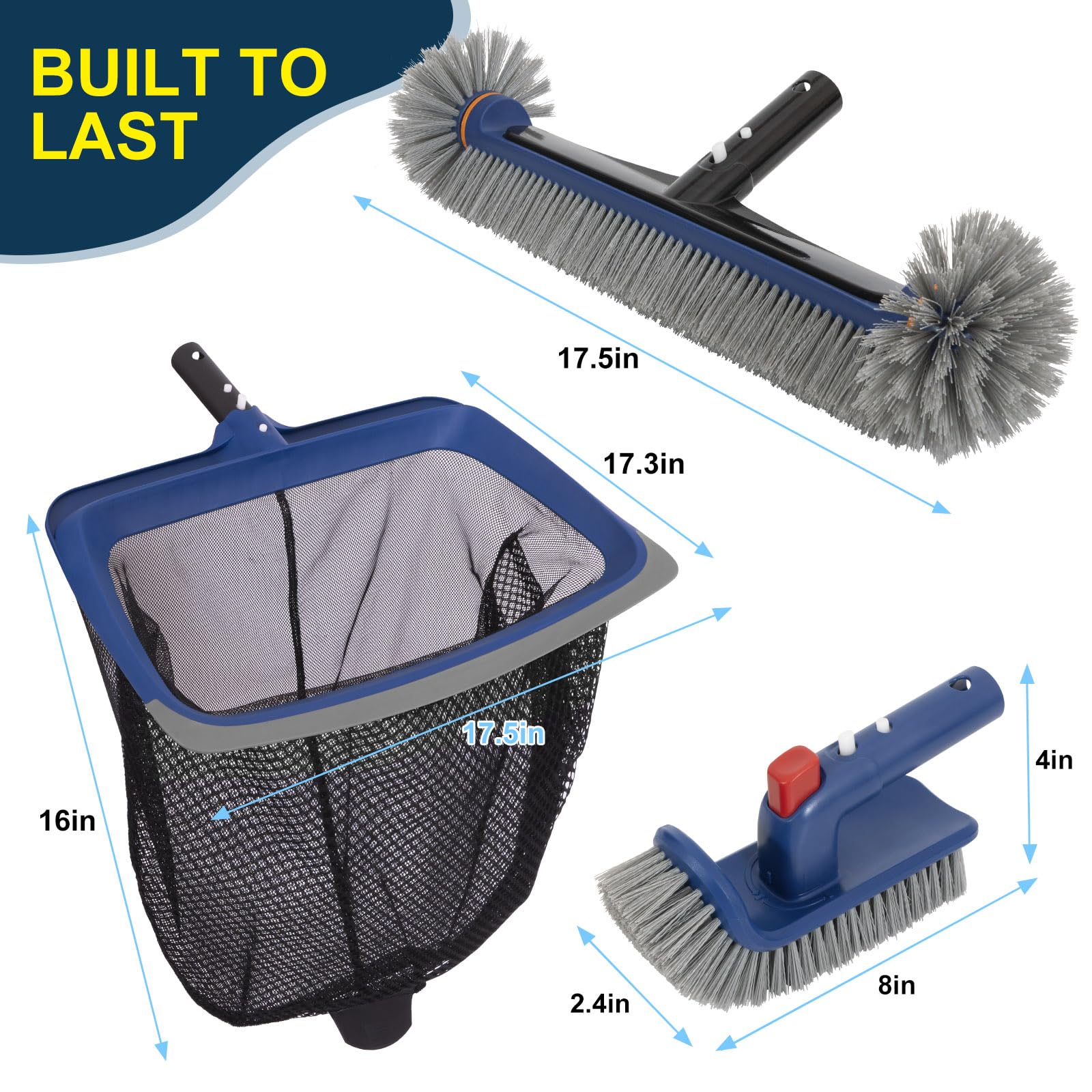 Deluxe Swimming Pool Cleaning Kit Including Pool Skimmer Net with Rubber Edge, 17.5" Pool Brush Head & Rotatable Pool Scrub Brush, Heavy Duty Pool Cleaning Kit Inground & Above Ground Pool (No Pole) - Image 3