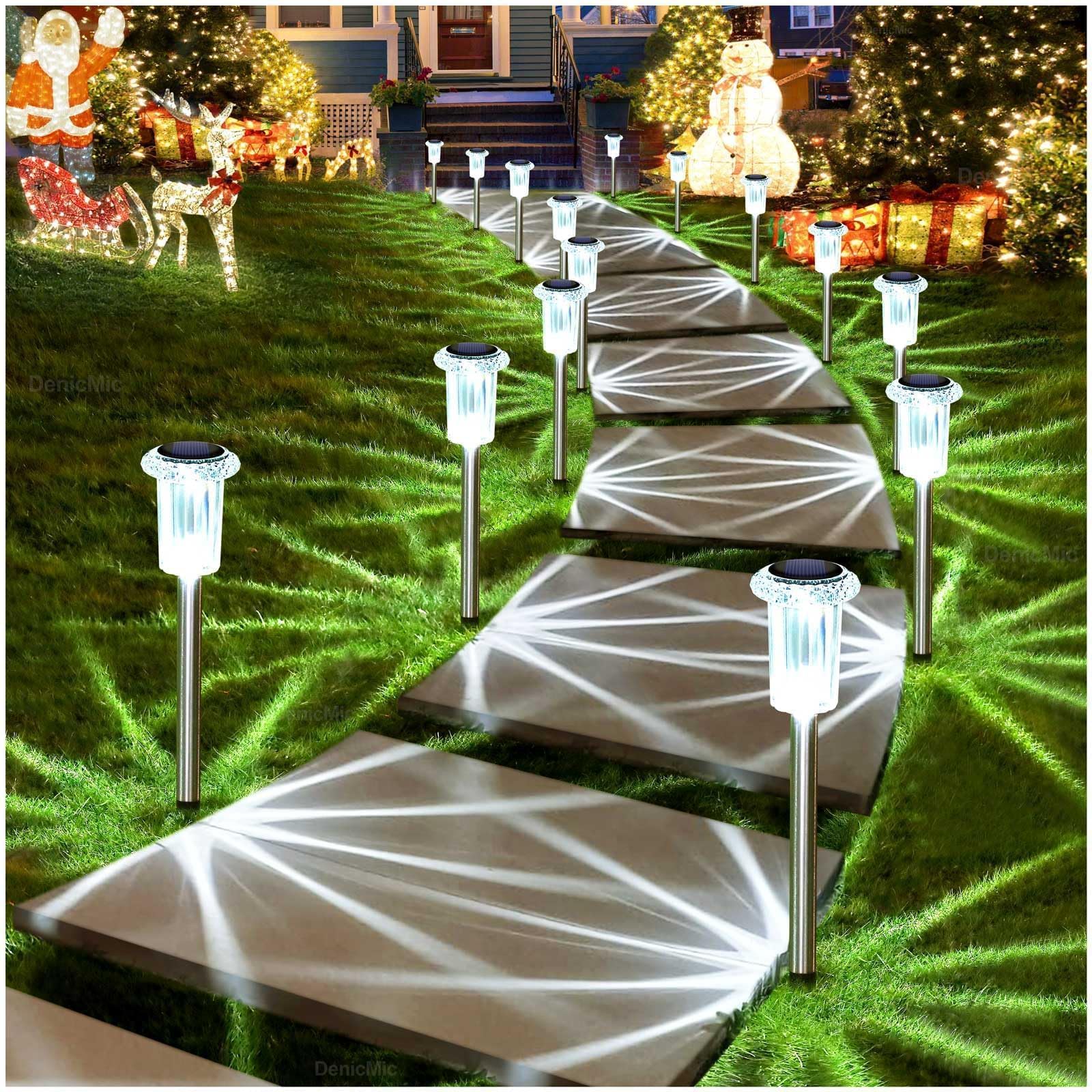 DenicMic Solar Lights Outdoor 10 Pack Waterproof 6000K Cold White LED Stainless Steel Stake for Pathway Yard Garden Driveway Solar Powered Outside Christmas Decor - Image 3