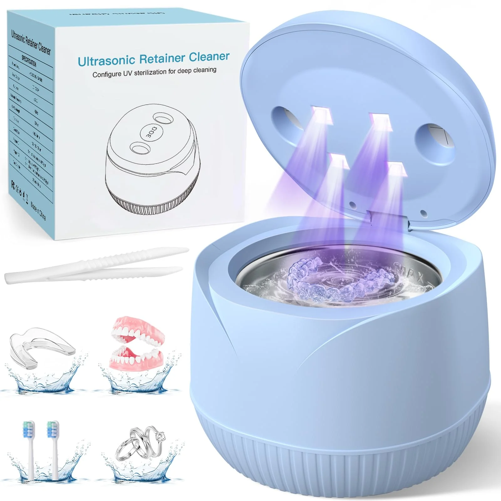 Dental Ultrasonic Retainer Cleaner Machine: 45kHz Dental Cleaning Pod with Digital Timer & 200ML, Cleaning for Dentures, Mouth Guards, Aligners, Night Guards, Braces, Toothbrush Heads & Jewelry, Blue