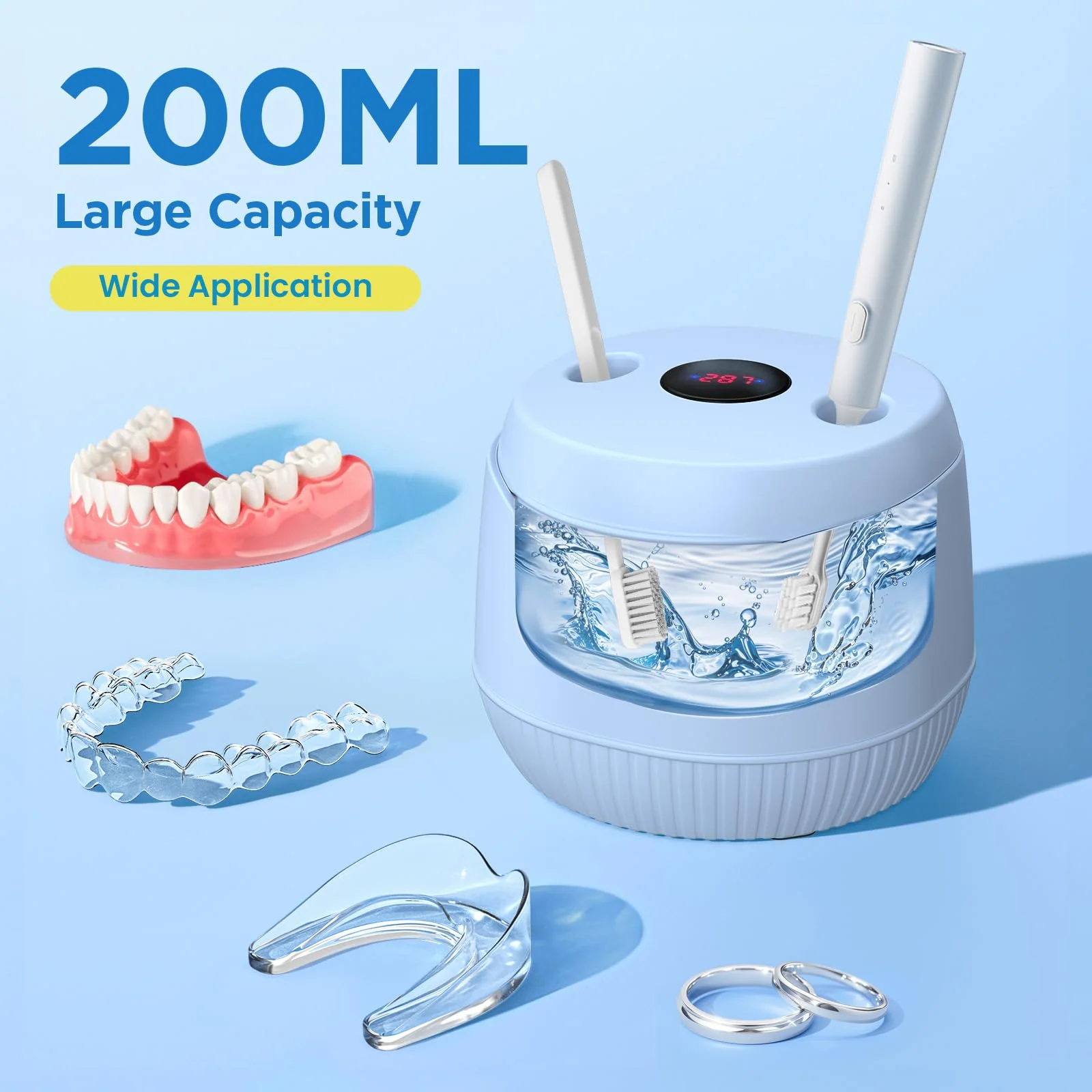 Dental Ultrasonic Retainer Cleaner Machine: 45kHz Dental Cleaning Pod with Digital Timer & 200ML, Cleaning for Dentures, Mouth Guards, Aligners, Night Guards, Braces, Toothbrush Heads & Jewelry, Blue - Image 6