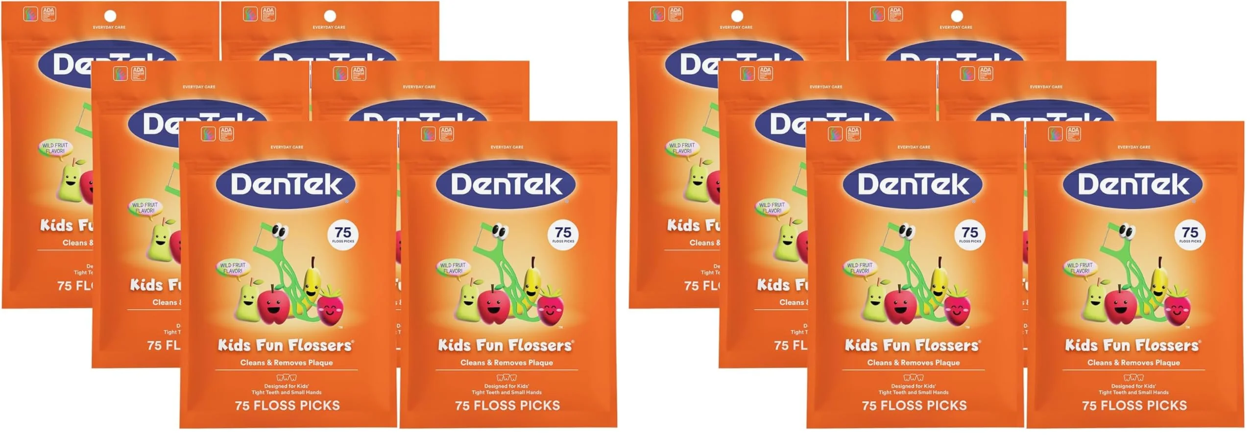 DenTek Fun Flossers – Kids Floss Picks with Wild Fruit Flavor, 75 Count (Pack of 12)