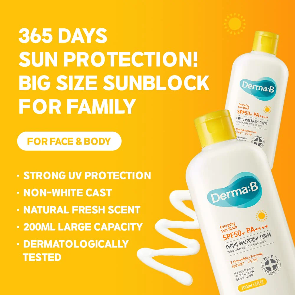 Derma B Everyday Sun Block Large Size Sunscreen SPF50+ PA++++ 6.71 Fl Oz, 200ml Fast-Absorbing Lightweight SPF Moisturizer, Facial Body Non-Sticky Sunscreen for Dewy Skin, Korean Sun Protection Lotion - Image 2