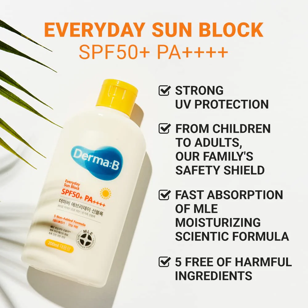 Derma B Everyday Sun Block Large Size Sunscreen SPF50+ PA++++ 6.71 Fl Oz, 200ml Fast-Absorbing Lightweight SPF Moisturizer, Facial Body Non-Sticky Sunscreen for Dewy Skin, Korean Sun Protection Lotion - Image 3