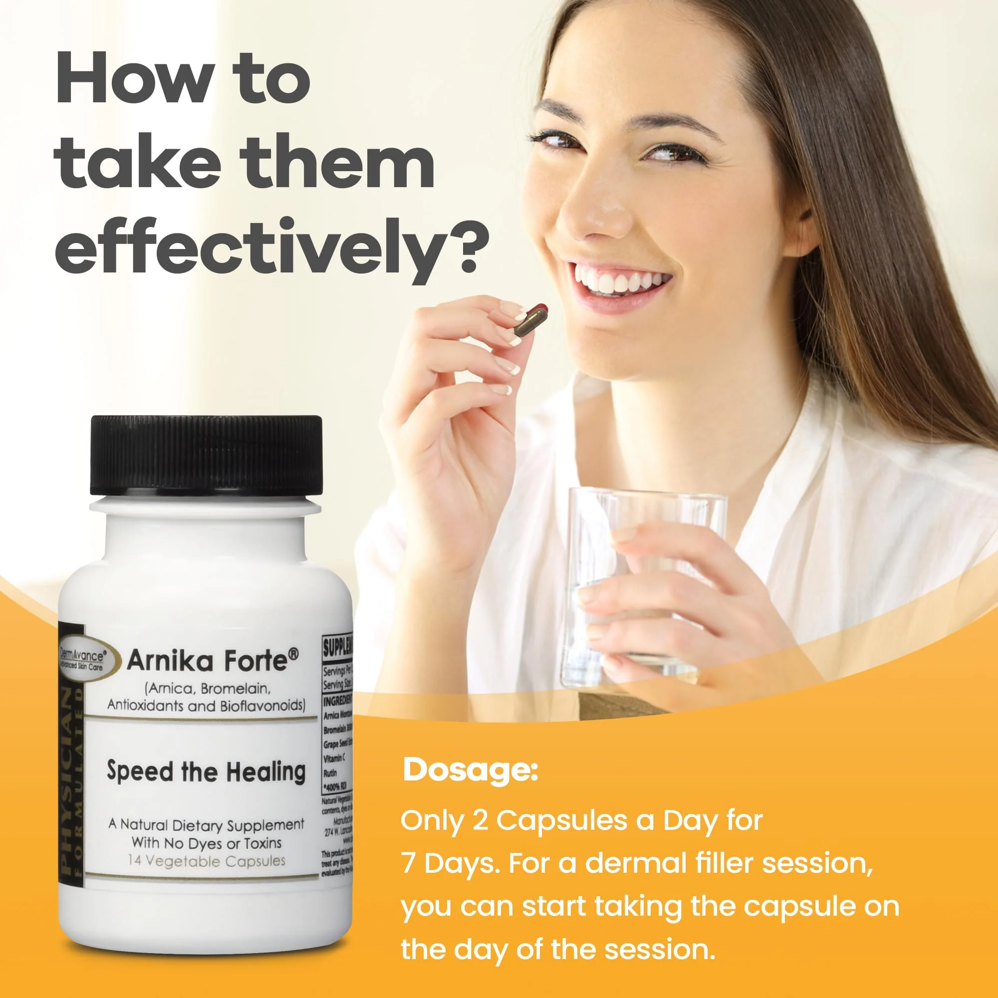 DermAvance Arnika Forte Capsules – Swelling and Bruising Reducer After Surgery and Aesthetic Treatments, Antioxidants & Bioflavonoids, Arnica 1000mg, Bromelain 125mg 3000GDU - 14 Capsules - Image 7