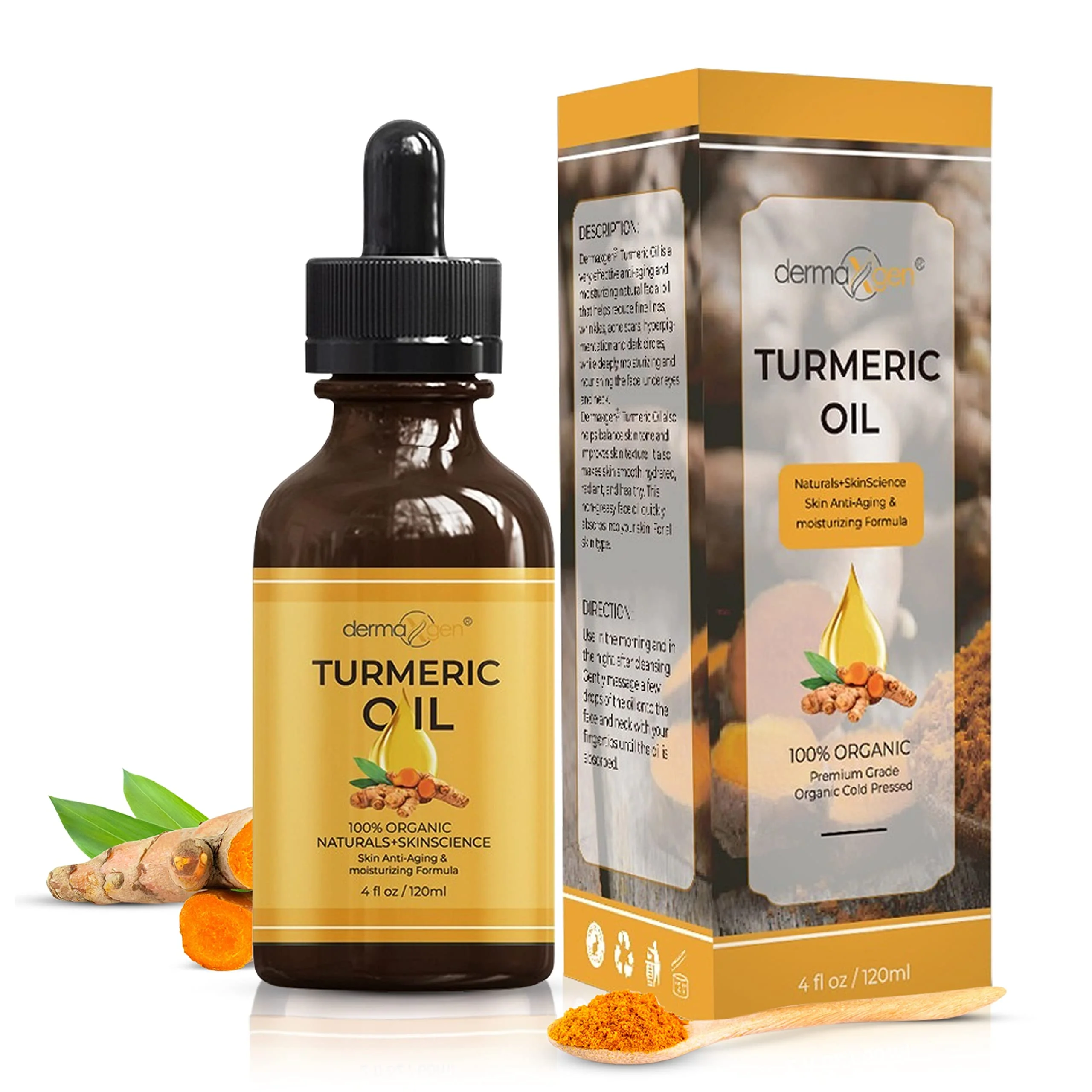 DERMAXGEN Organic Turmeric Oil for Skin Lightening - Turmeric Face Oil for Dark Spots, Anti-Aging & Hydrating Dry Skin - Glow Moisturizer for Face, Neck & Eyes (4 FL OZ / 60 ML)