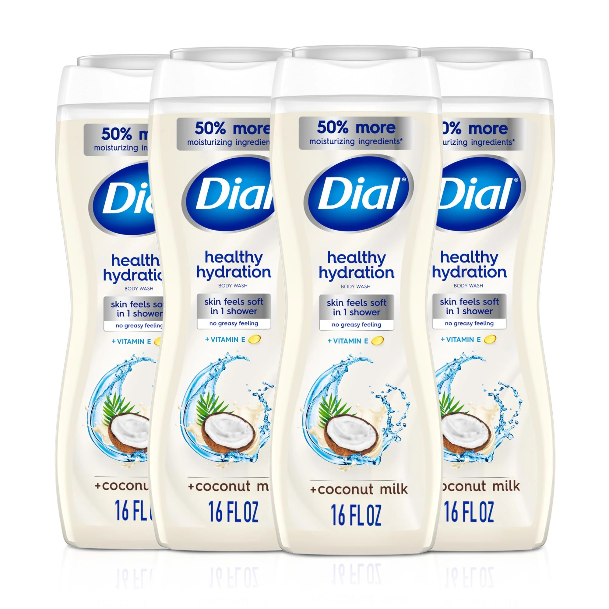 Dial Body Wash, Healthy Hydration, Coconut Milk + Vitamin E, 16 fl oz (Pack of 4), Gentle, Leaves Skin Feeling Soft In 1 Shower, Dermatologist-Tested, No Parabens & Silicones