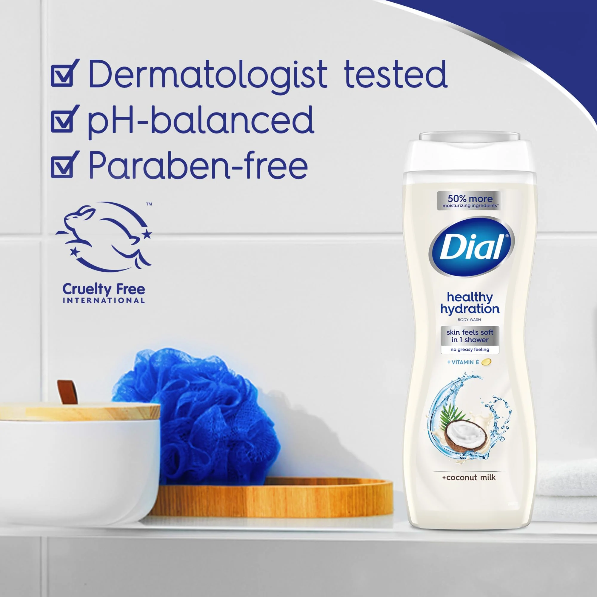 Dial Body Wash, Healthy Hydration, Coconut Milk + Vitamin E, 16 fl oz (Pack of 4), Gentle, Leaves Skin Feeling Soft In 1 Shower, Dermatologist-Tested, No Parabens & Silicones - Image 7