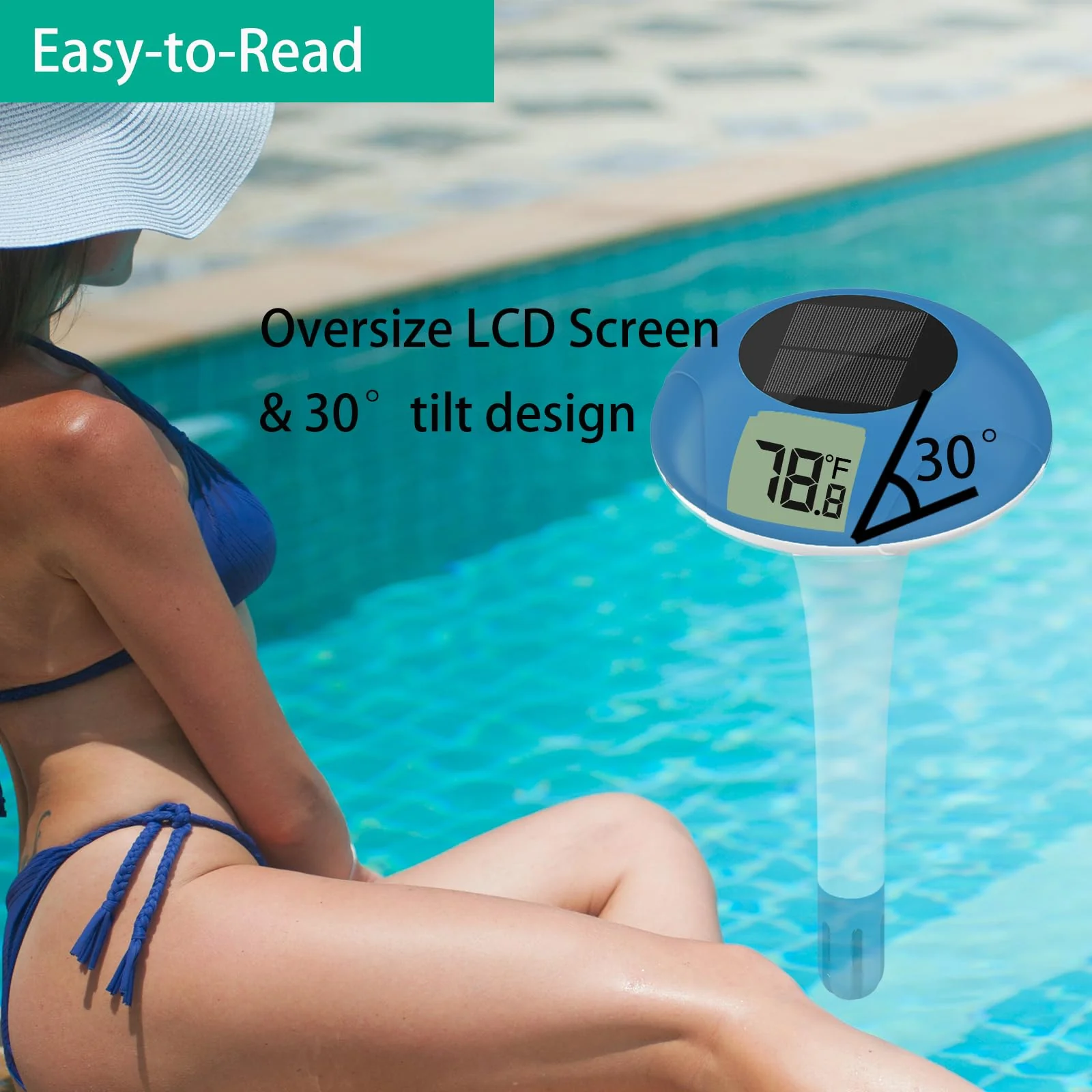 Digital Pool Thermometer Floating Easy Read –Solar Powered Floating Digital Temperature Gauge for Accurate Testing, Big LCD Screen for Easy Reading, °C/°F Display, IPX-8 Waterproof (Navy Blue) - Image 3