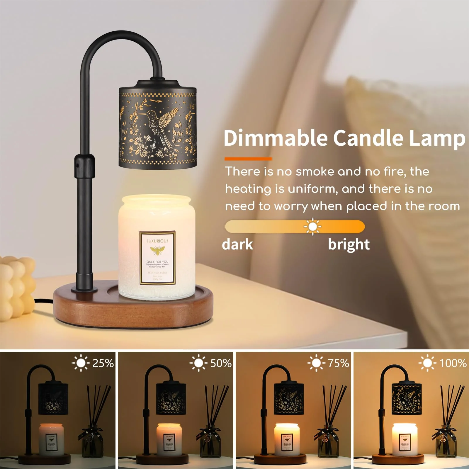 Dimmable Candle Warmer Lamp with Timer Adjustable Height for Scented Jar Candles Electric Candle Wax Melt Warmer for Home Decor Christmas Birthday Gifts for Women Mom(Hummingbird) - Image 7