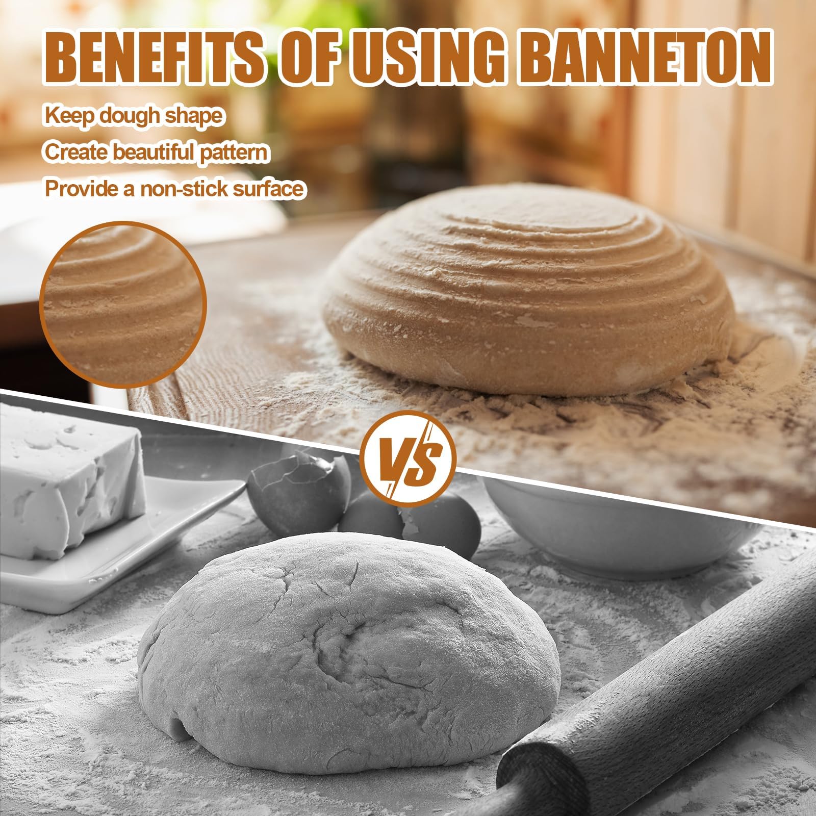 Dimpola Banneton Bread Proofing Basket - 9 inch Banneton Basket Set of 2 Sourdough Proofing Basket Round Proofing Bowls Handmade Rattan Baskets and Liners - Image 5