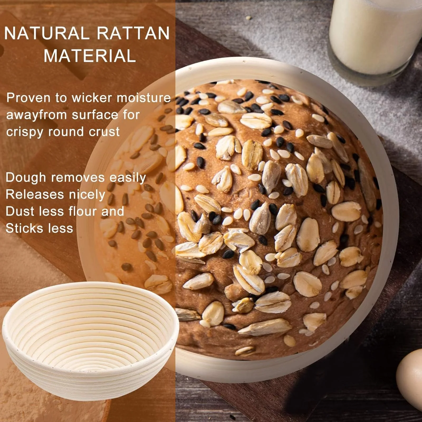 Dimpola Banneton Bread Proofing Basket - 9 inch Banneton Basket Set of 2 Sourdough Proofing Basket Round Proofing Bowls Handmade Rattan Baskets and Liners - Image 6