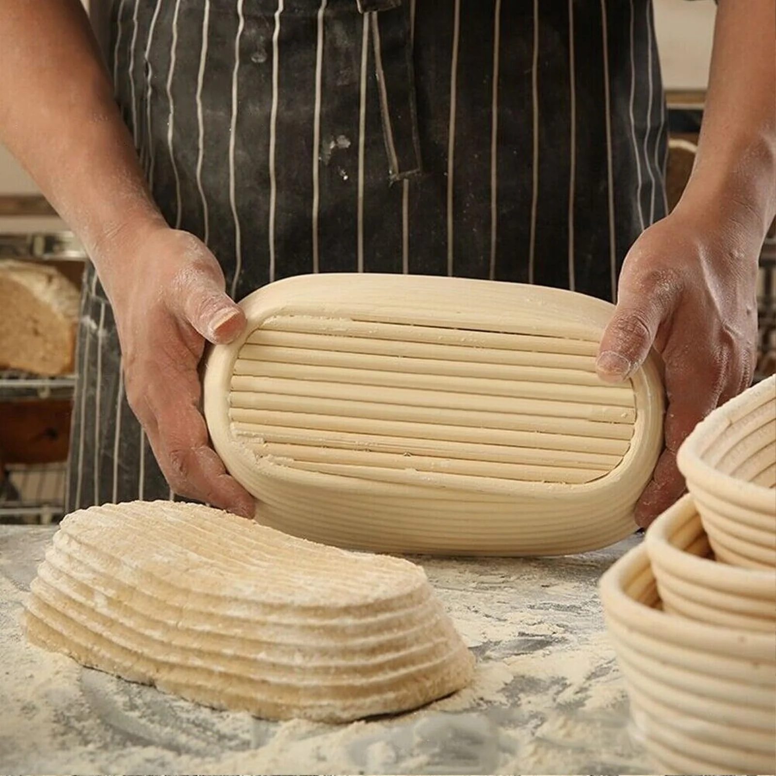 Dimpola Banneton Bread Proofing Basket Banneton Basket Set Sourdough Proofing Basket Round Proofing Bowls Handmade Rattan Baskets and Liners (Oval 10 inch set of 2) - Image 4