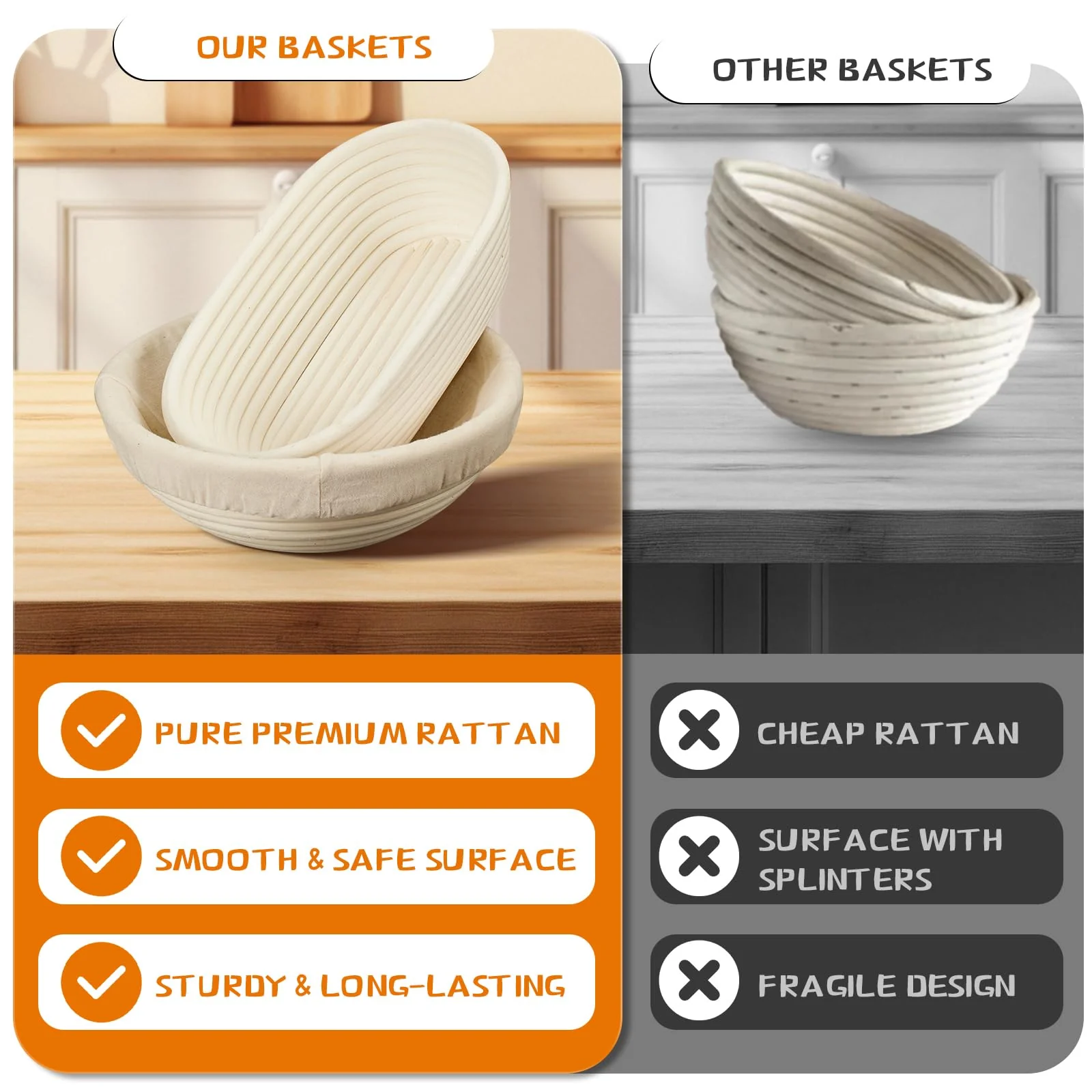 Dimpola Banneton Bread Proofing Basket Banneton Basket Set Sourdough Proofing Basket Round Proofing Bowls Handmade Rattan Baskets and Liners (Oval of 2 Gift Set) - Image 2