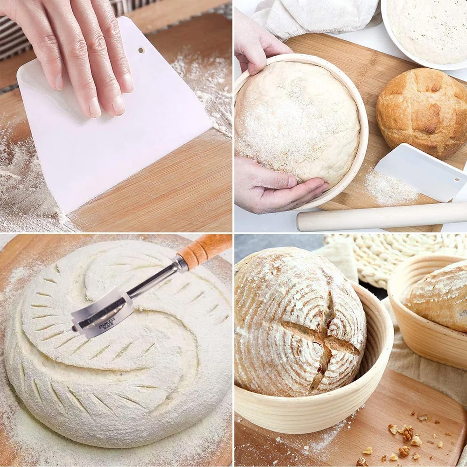 Dimpola Banneton Bread Proofing Basket Banneton Basket Set Sourdough Proofing Basket Round Proofing Bowls Handmade Rattan Baskets and Liners (Oval & Round Baking Set) - Image 4