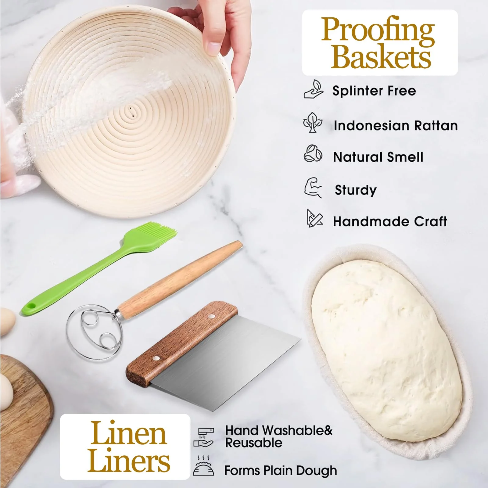 Dimpola Banneton Bread Proofing Basket Banneton Basket Set Sourdough Proofing Basket Round Proofing Bowls Handmade Rattan Baskets and Liners (Oval & Round Baking Set) - Image 7