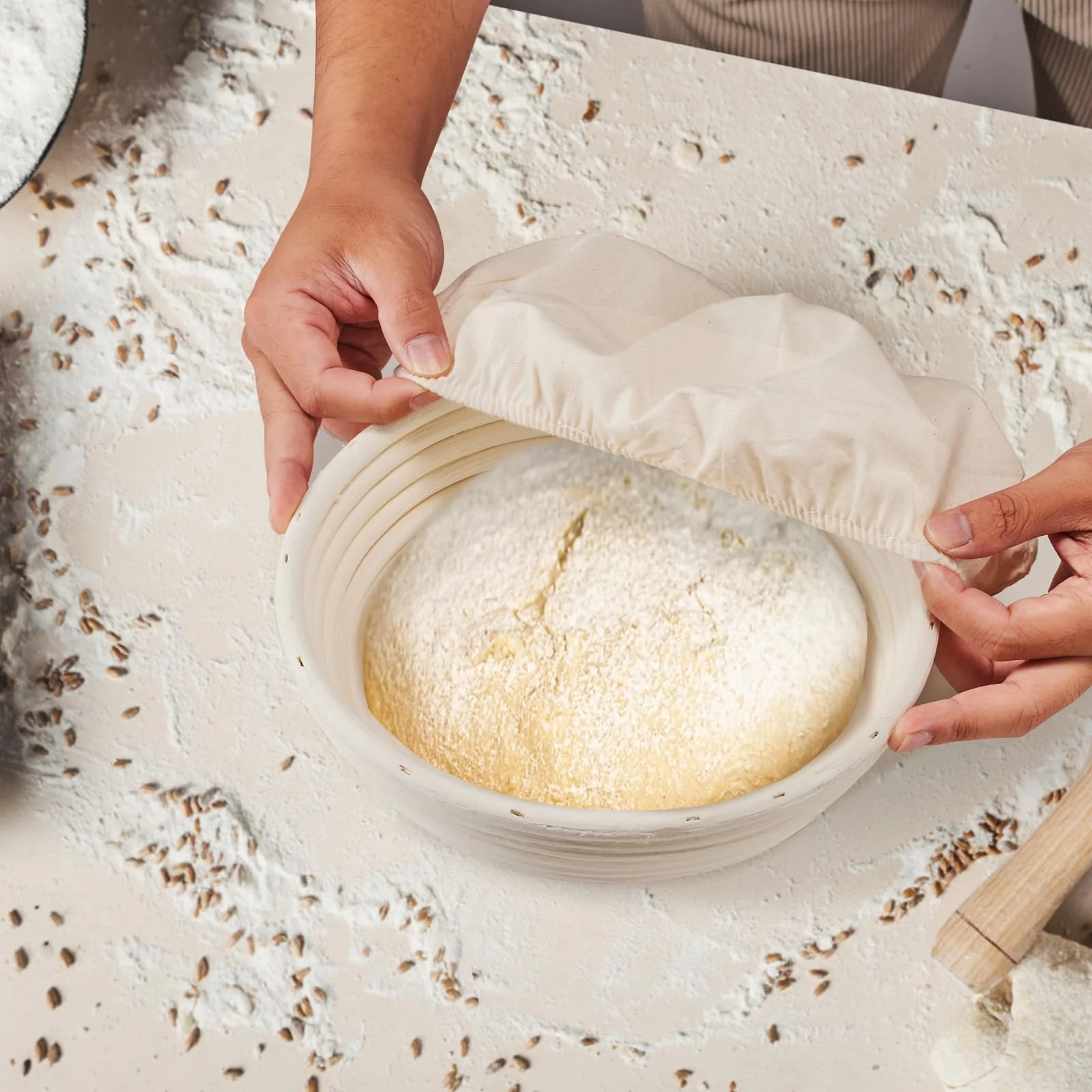 Dimpola Banneton Bread Proofing Basket Banneton Basket Set Sourdough Proofing Basket Round Proofing Bowls Handmade Rattan Baskets and Liners (Round 9 inch Baking Set) - Image 2