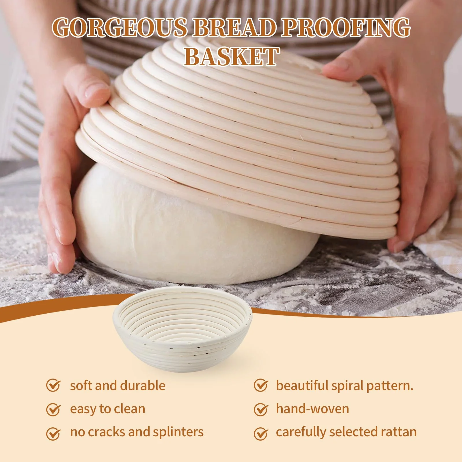 Dimpola Banneton Bread Proofing Basket Banneton Basket Set Sourdough Proofing Basket Round Proofing Bowls Handmade Rattan Baskets and Liners (Round 9 inch Baking Set) - Image 3