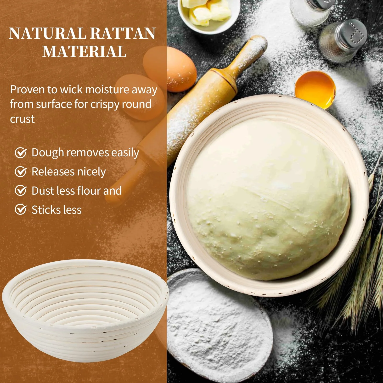 Dimpola Banneton Bread Proofing Basket Banneton Basket Set Sourdough Proofing Basket Round Proofing Bowls Handmade Rattan Baskets and Liners (Round 9 inch Baking Set) - Image 5