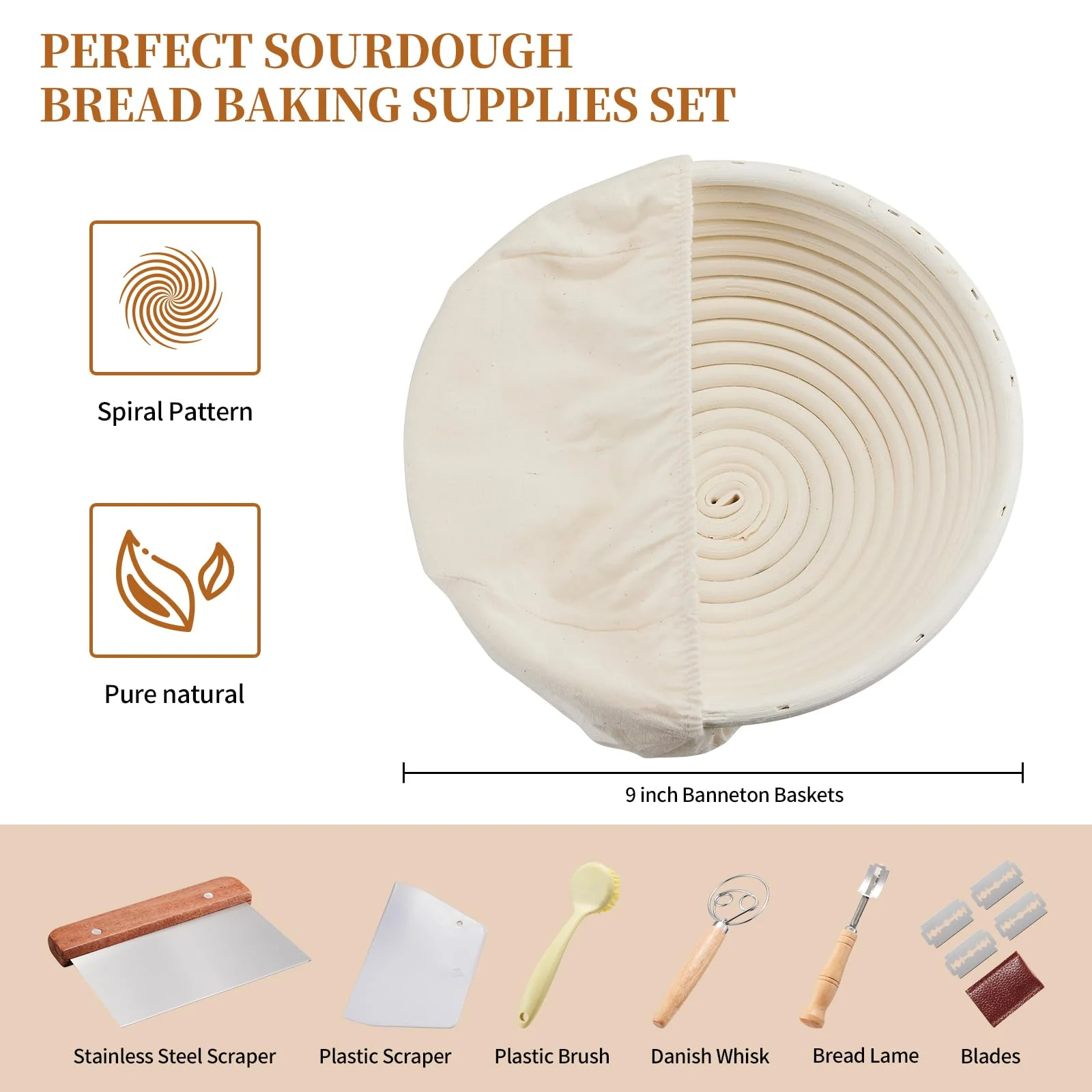 Dimpola Banneton Bread Proofing Basket Banneton Basket Set Sourdough Proofing Basket Round Proofing Bowls Handmade Rattan Baskets and Liners (Round 9 inch Baking Set) - Image 8