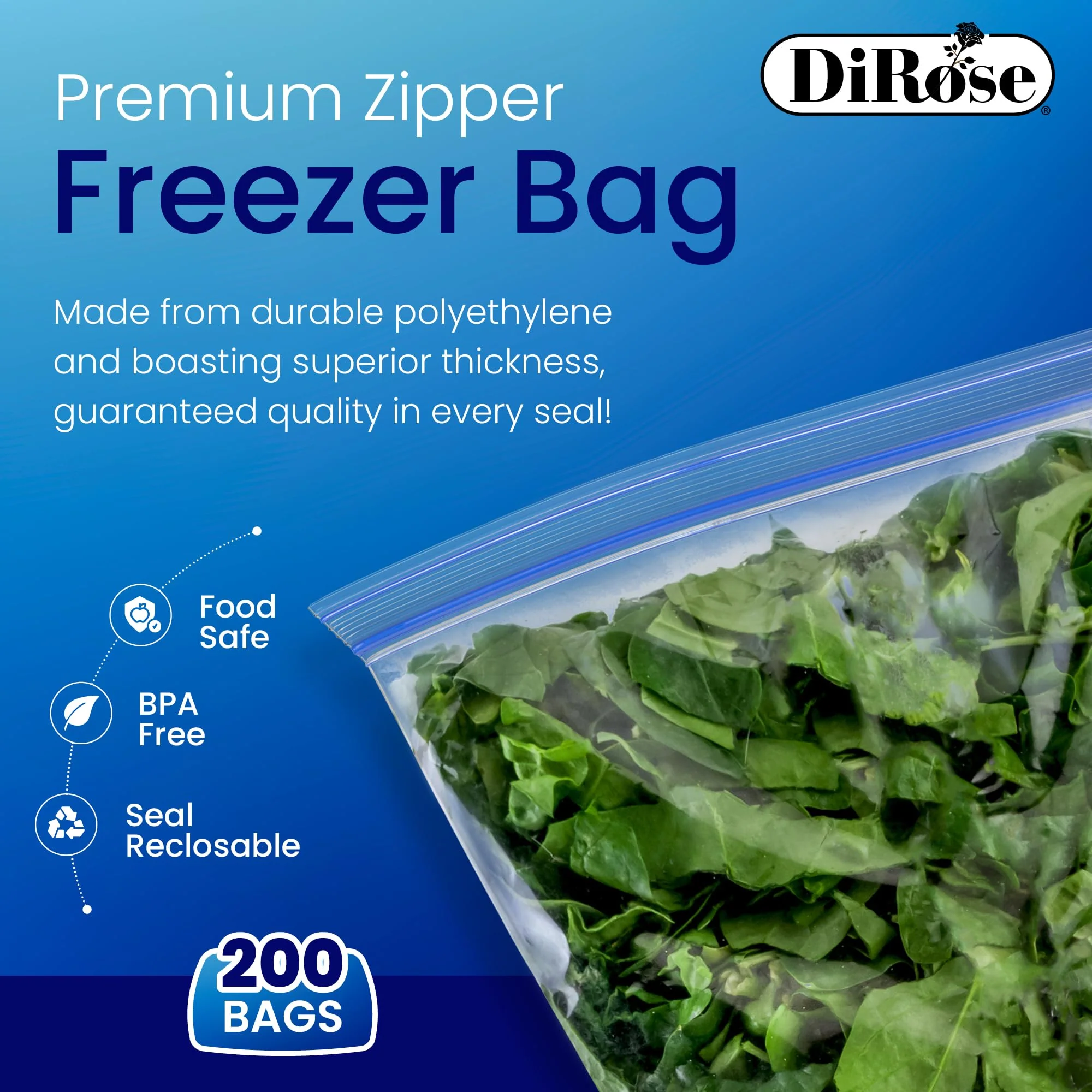 DiRose Reclosable Freezer Bags - 1 Gallon Size (200 Pack) | Double Zipper, Airtight Seal, BPA-Free, Premium Thick Heavy-Duty Bags for Safe and Secure Food Storage - Image 6
