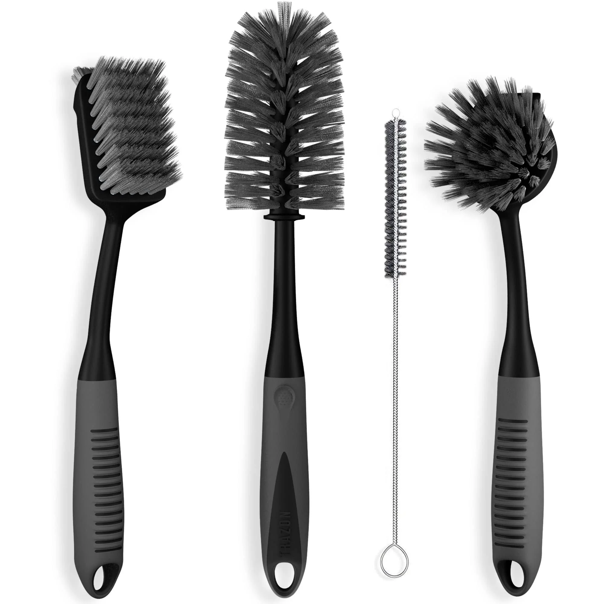 Dish Brush Set of 4 - Kitchen Scrub Brushes with Non-Slip Long Handle for Cleaning, Scrubber, Dishwashing, Dishes, Bottles, Straws, Cups, Pots & Sink, Black