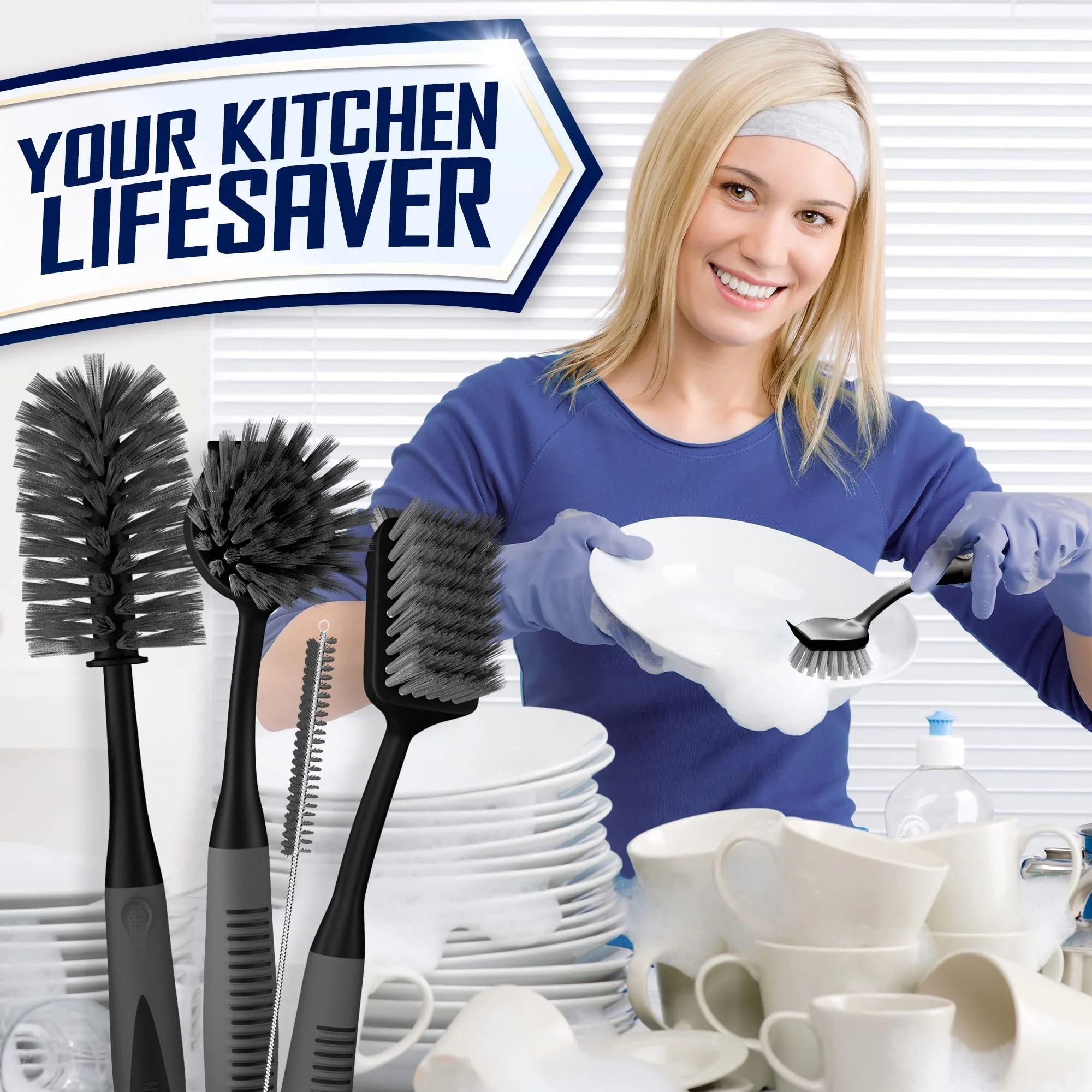 Dish Brush Set of 4 - Kitchen Scrub Brushes with Non-Slip Long Handle for Cleaning, Scrubber, Dishwashing, Dishes, Bottles, Straws, Cups, Pots & Sink, Black - Image 3