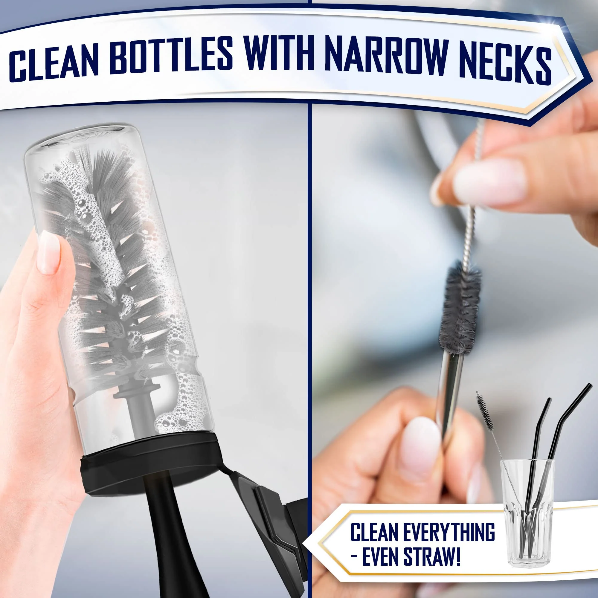 Dish Brush Set of 4 - Kitchen Scrub Brushes with Non-Slip Long Handle for Cleaning, Scrubber, Dishwashing, Dishes, Bottles, Straws, Cups, Pots & Sink, Black - Image 4
