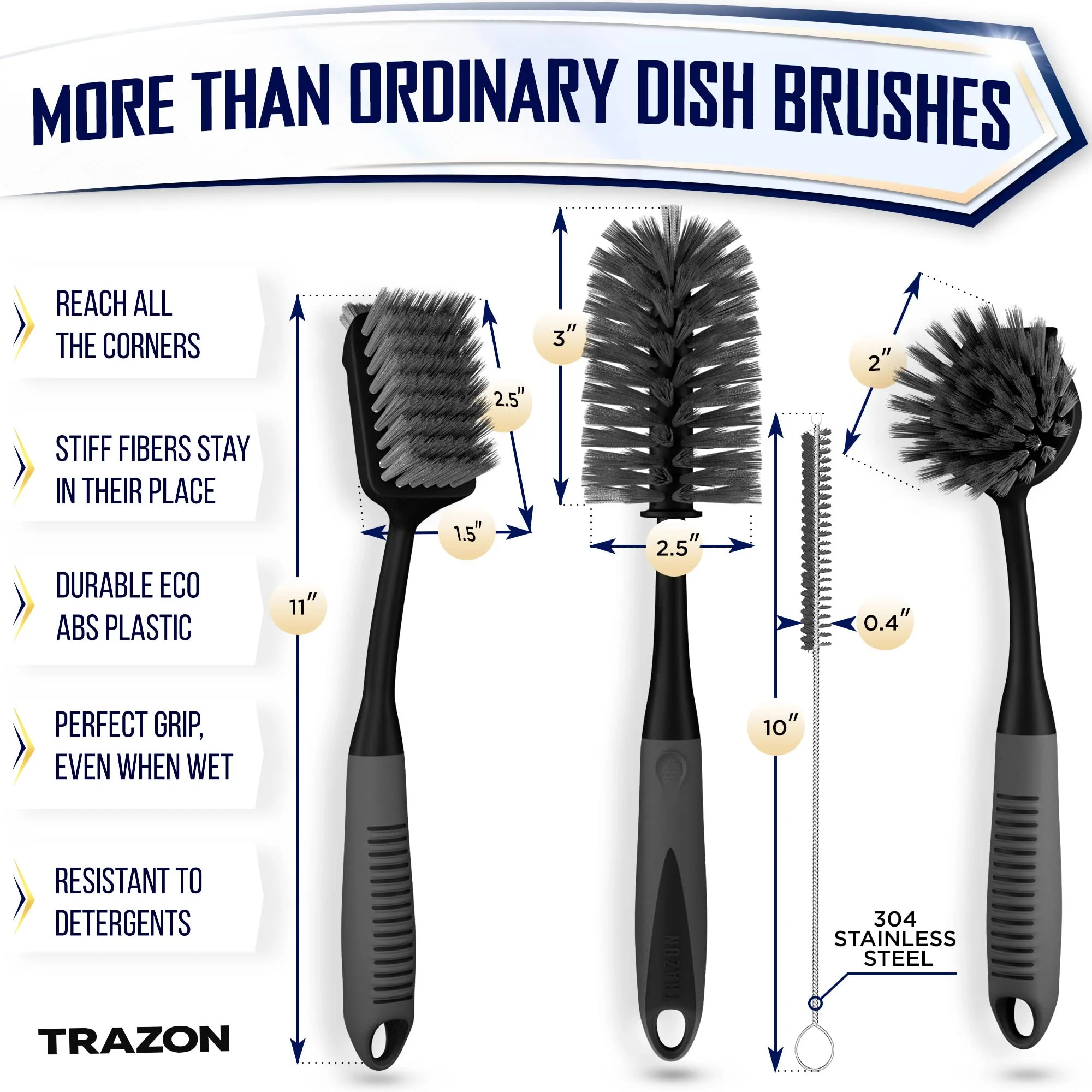 Dish Brush Set of 4 - Kitchen Scrub Brushes with Non-Slip Long Handle for Cleaning, Scrubber, Dishwashing, Dishes, Bottles, Straws, Cups, Pots & Sink, Black - Image 8