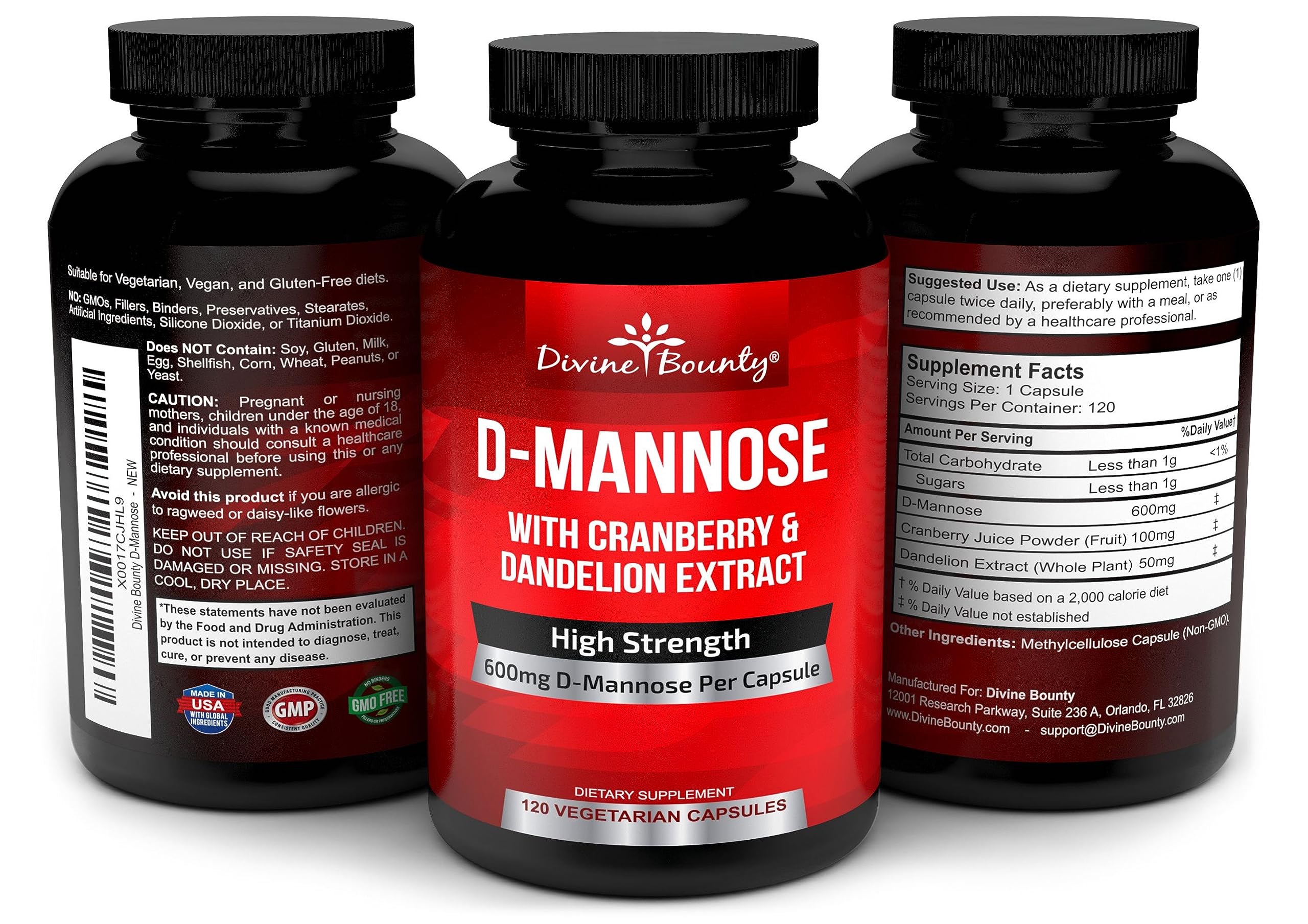 Divine Bounty D-Mannose Capsules - 600mg D Mannose Powder per Capsule with Cranberry and Dandelion Extract to Support Normal Urinary Tract Health - 120 Veggie Capsules - Image 2