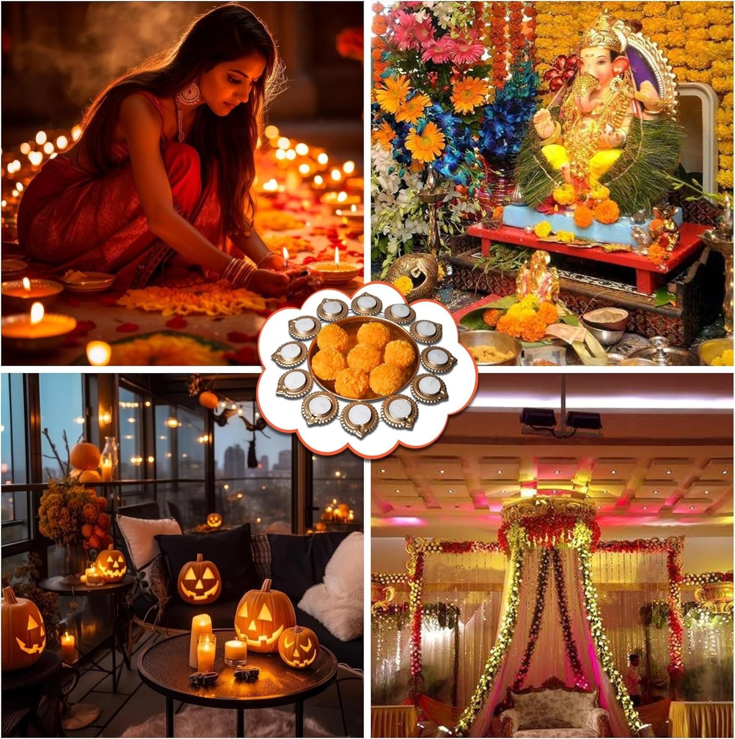 DIYANA IMPEX Urli Bowl for Diwali Decoration for Floating flowers and Perfect for Home Décor, Christmas, Pooja, Festive with Tea light Candles (14" Inches,Gold) - Image 3