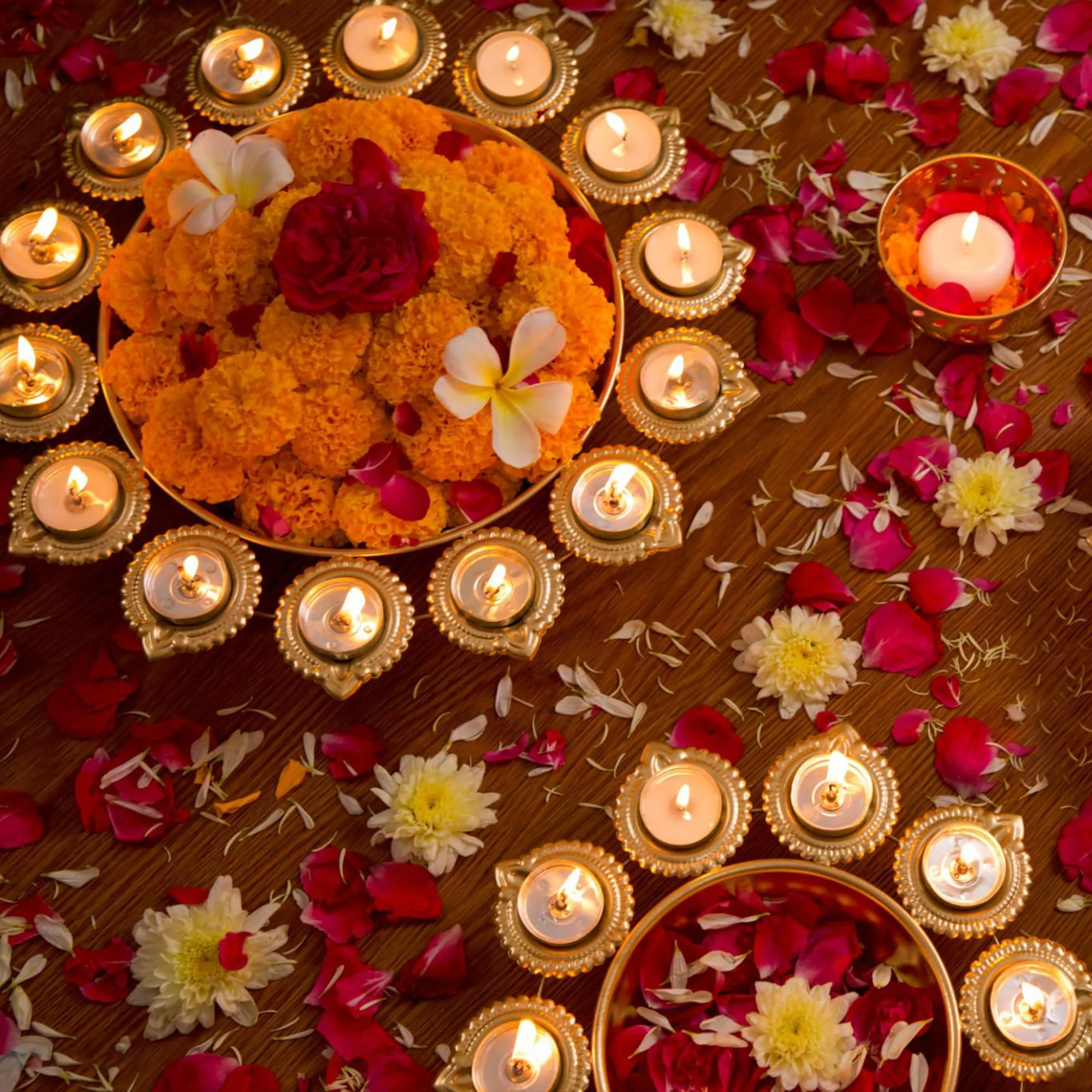 DIYANA IMPEX Urli Bowl for Diwali Decoration for Floating flowers and Perfect for Home Décor, Christmas, Pooja, Festive with Tea light Candles (14" Inches,Gold) - Image 5