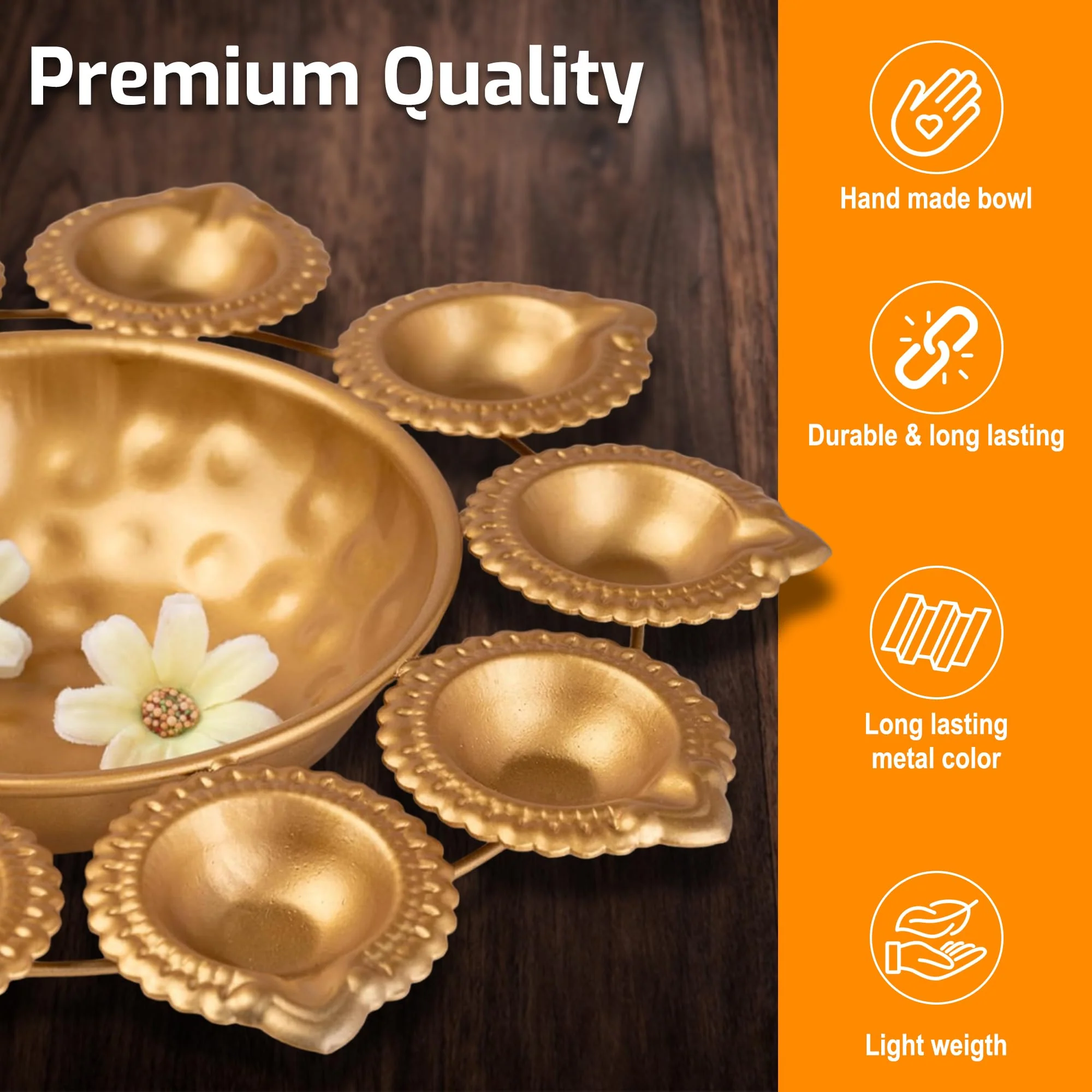 DIYANA IMPEX Urli Bowl for Diwali Decoration for Floating flowers and Perfect for Home Décor, Christmas, Pooja, Festive with Tea light Candles (14" Inches,Gold) - Image 6