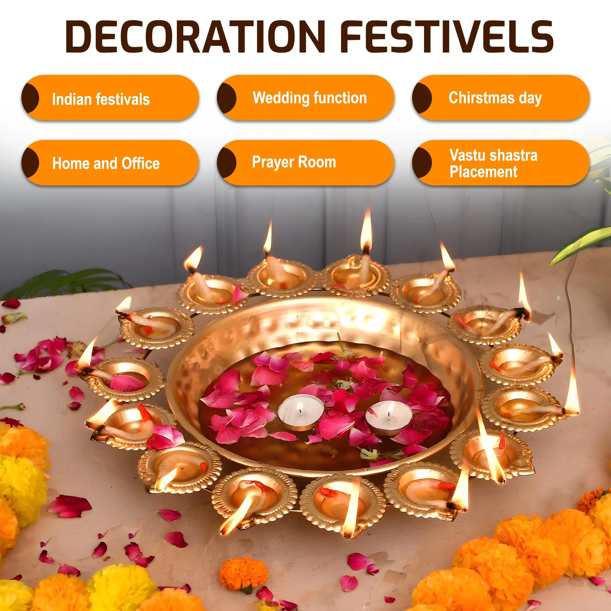 DIYANA IMPEX Urli Bowl for Diwali Decoration for Floating flowers and Perfect for Home Décor, Christmas, Pooja, Festive with Tea light Candles (14" Inches,Gold) - Image 8