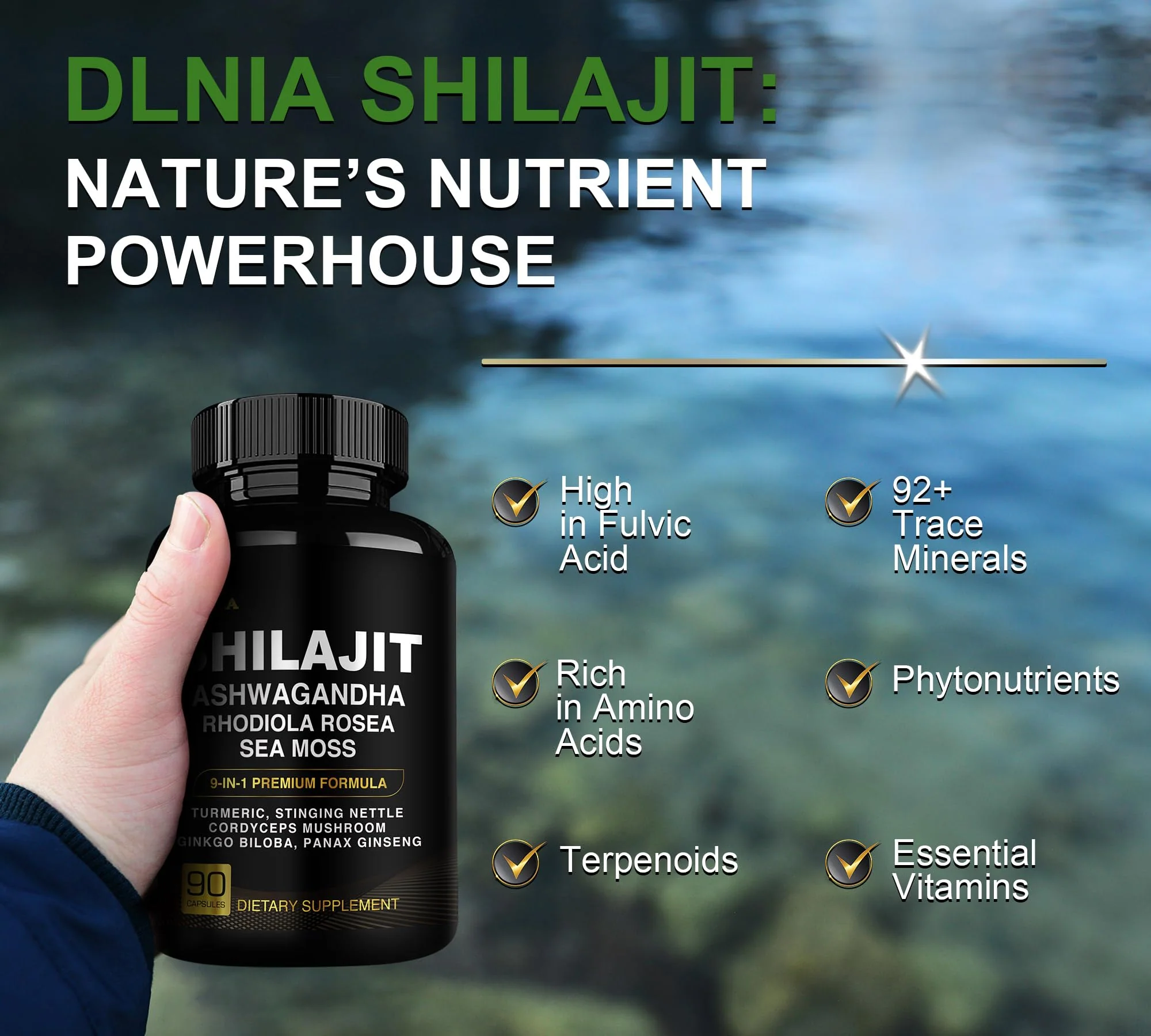 DLNIA Shilajit 9-in-1 Capsules – Organic Himalayan Complex with Ashwagandha, Sea Moss, Turmeric & More – Vegan, Lab-Tested, Immune & Energy Support for Men & Women – 90 Capsules - Image 3