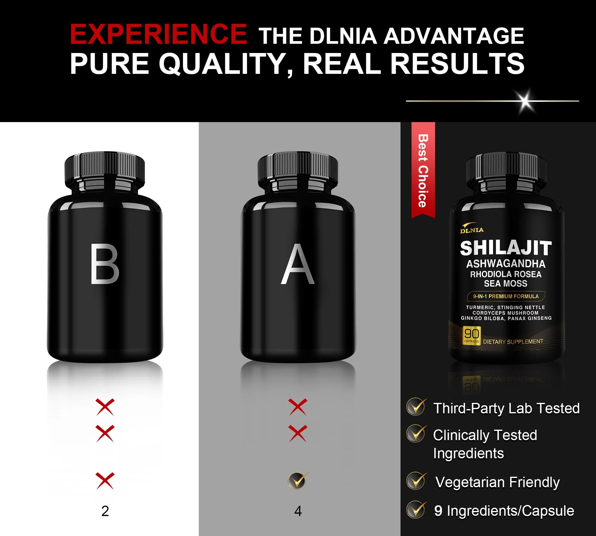 DLNIA Shilajit 9-in-1 Capsules – Organic Himalayan Complex with Ashwagandha, Sea Moss, Turmeric & More – Vegan, Lab-Tested, Immune & Energy Support for Men & Women – 90 Capsules - Image 6