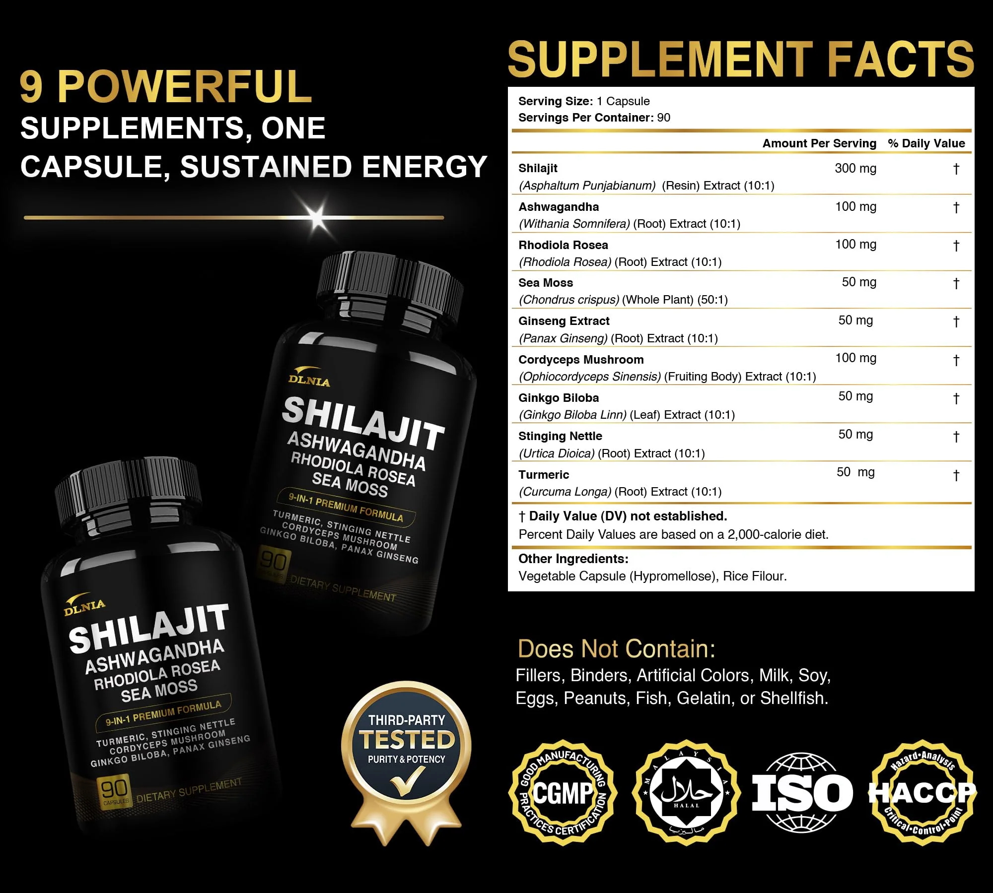 DLNIA Shilajit 9-in-1 Capsules – Organic Himalayan Complex with Ashwagandha, Sea Moss, Turmeric & More – Vegan, Lab-Tested, Immune & Energy Support for Men & Women – 90 Capsules - Image 9