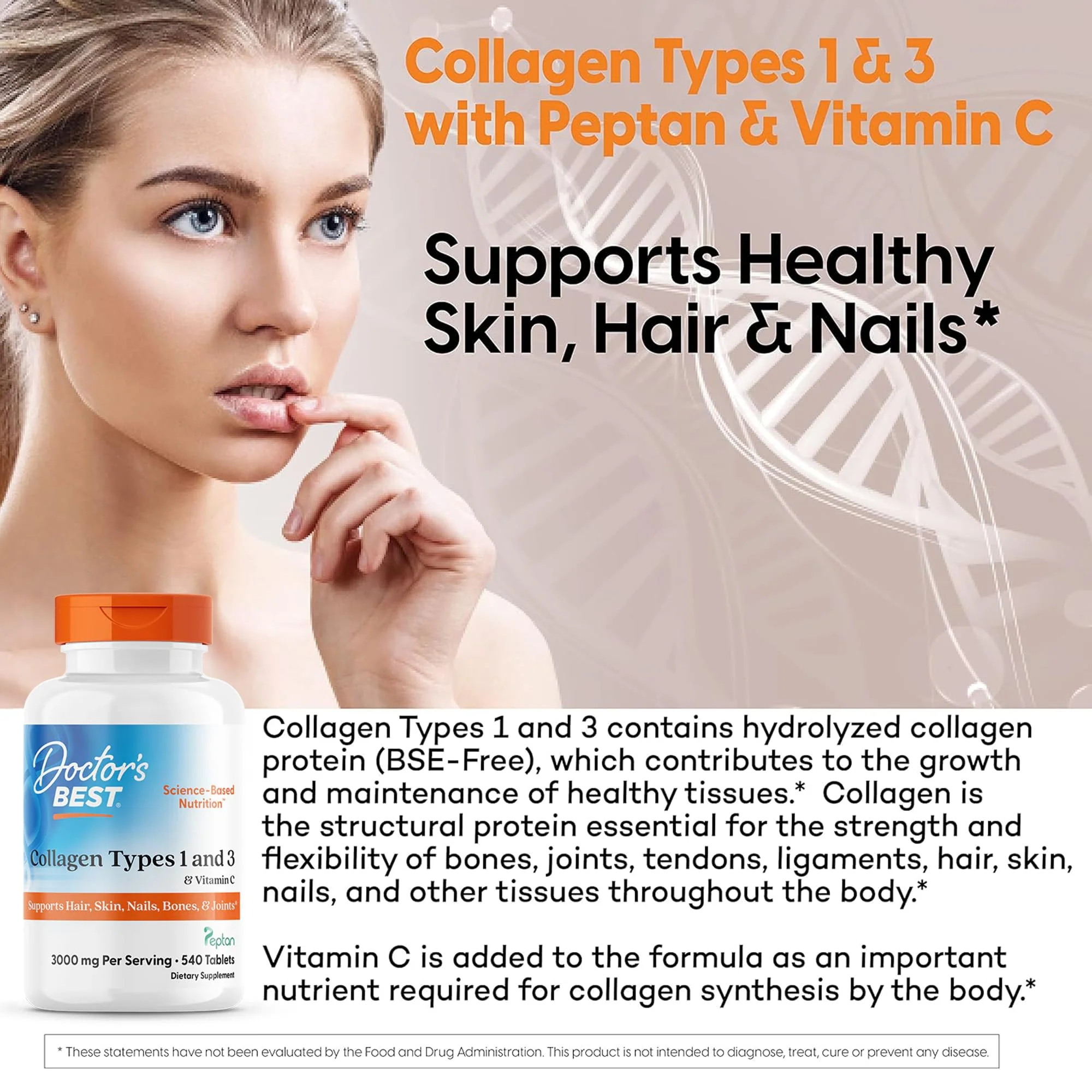 Doctors Best Collagen Types 1 and 3 & Vitamin C, Supports Hair, Skin, Nails, Bones, & Joints, Non-GMO, Gluten Free, Soy Free 540 Tablets - Image 5