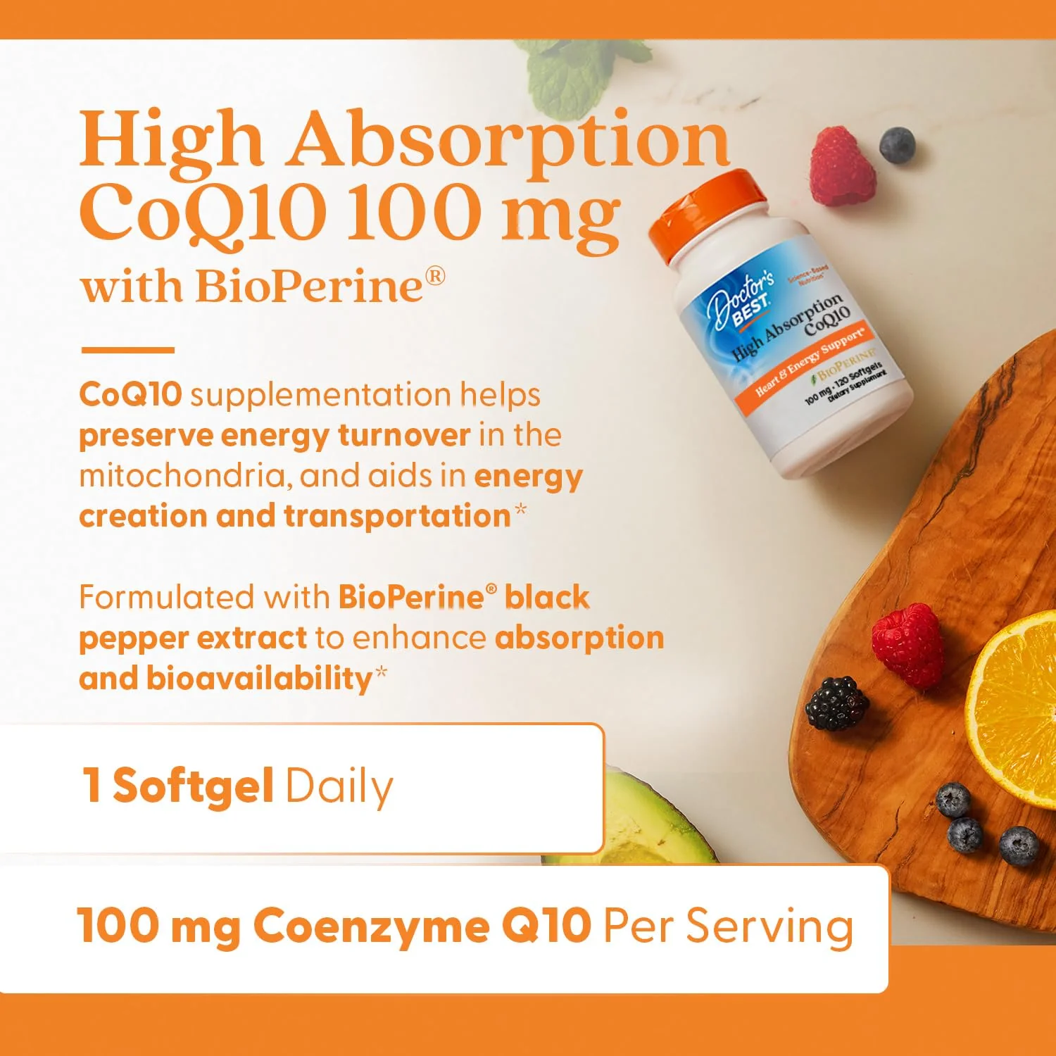 Doctor's Best High Absorption CoQ10 with BioPerine Supplement - Coenzyme Q10 Softgels for Heart Health & Antioxidant Support, Naturally Fermented CoQ10 100mg for Women & Men, Non GMO - 120 Softgels - Image 2