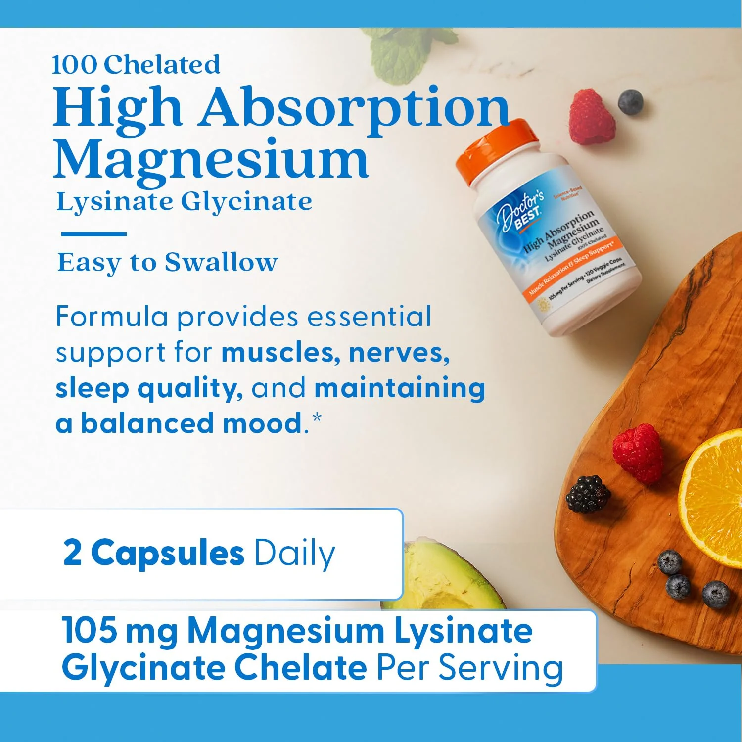Doctor's Best High Absorption Magnesium Glycinate Lysinate Supplement for Sleep Support - Chelated Magnesium Capsules for Women & Men, 105 mg per Serving, Calm Support, Vegan - 120 Veg Caps - Image 2