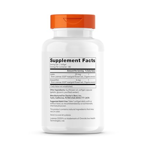 Doctor's Best Lutein Supplement 20mg with Zeaxanthin - Lutein for Eyes, Eye Health Vitamins for Men & Women, Vision and Macular Health Support, Lutemax 2020 Marigold Flower Extract - 180 Softgels - Image 10