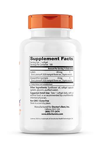 Doctor's Best Lutein Supplement 20mg with Zeaxanthin - Lutein for Eyes, Eye Health Vitamins for Men & Women, Vision and Macular Health Support, Lutemax 2020 Marigold Flower Extract - 180 Softgels - Image 11