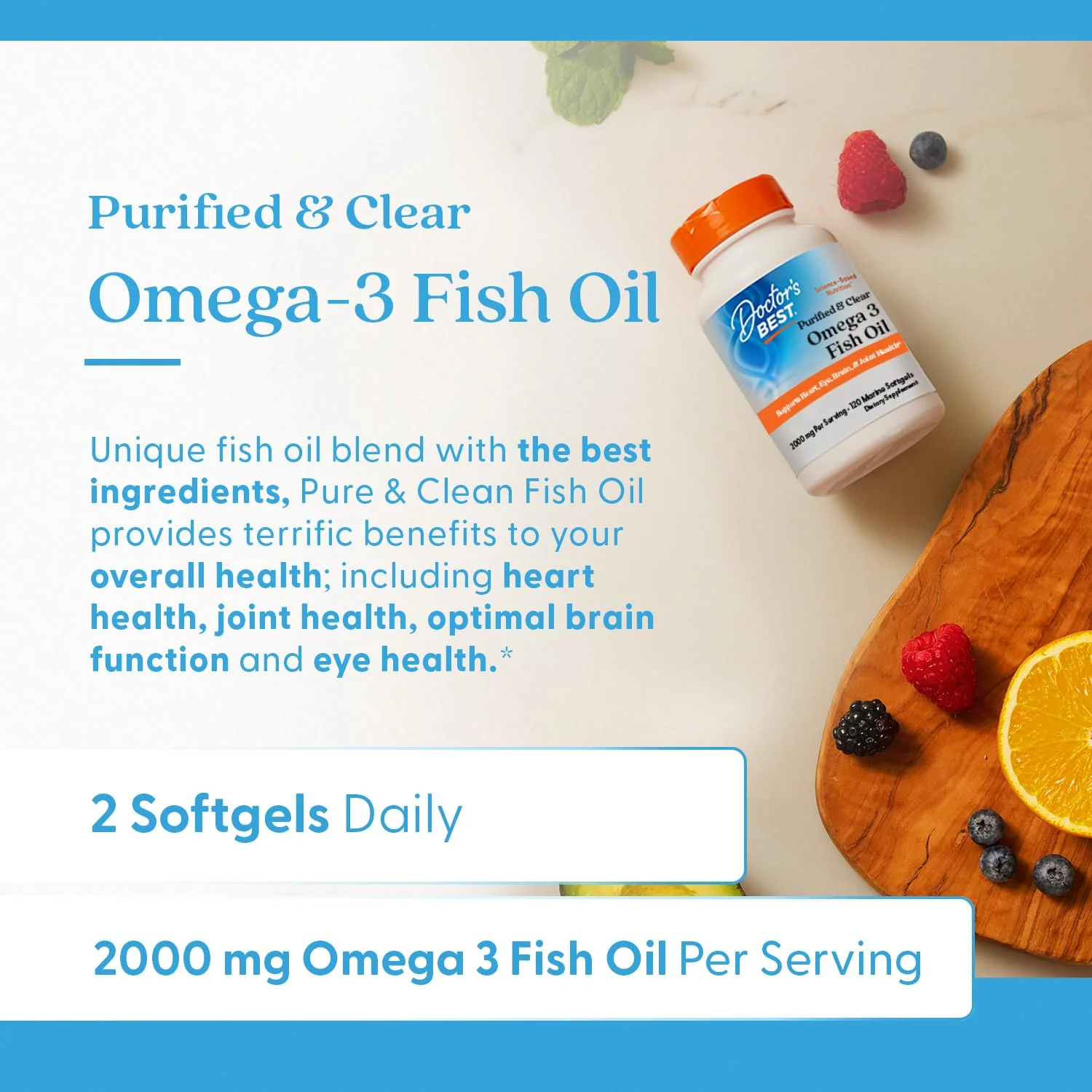 Doctor's Best Omega 3 Fish Oil Supplement for Women & Men - Source of DHA, EPA, & Omega-3 Fatty Acids, Purified, High 2000 mg Potency, Heart Health Support, Non-GMO, Gluten Free - 120 Marine Softgels - Image 4