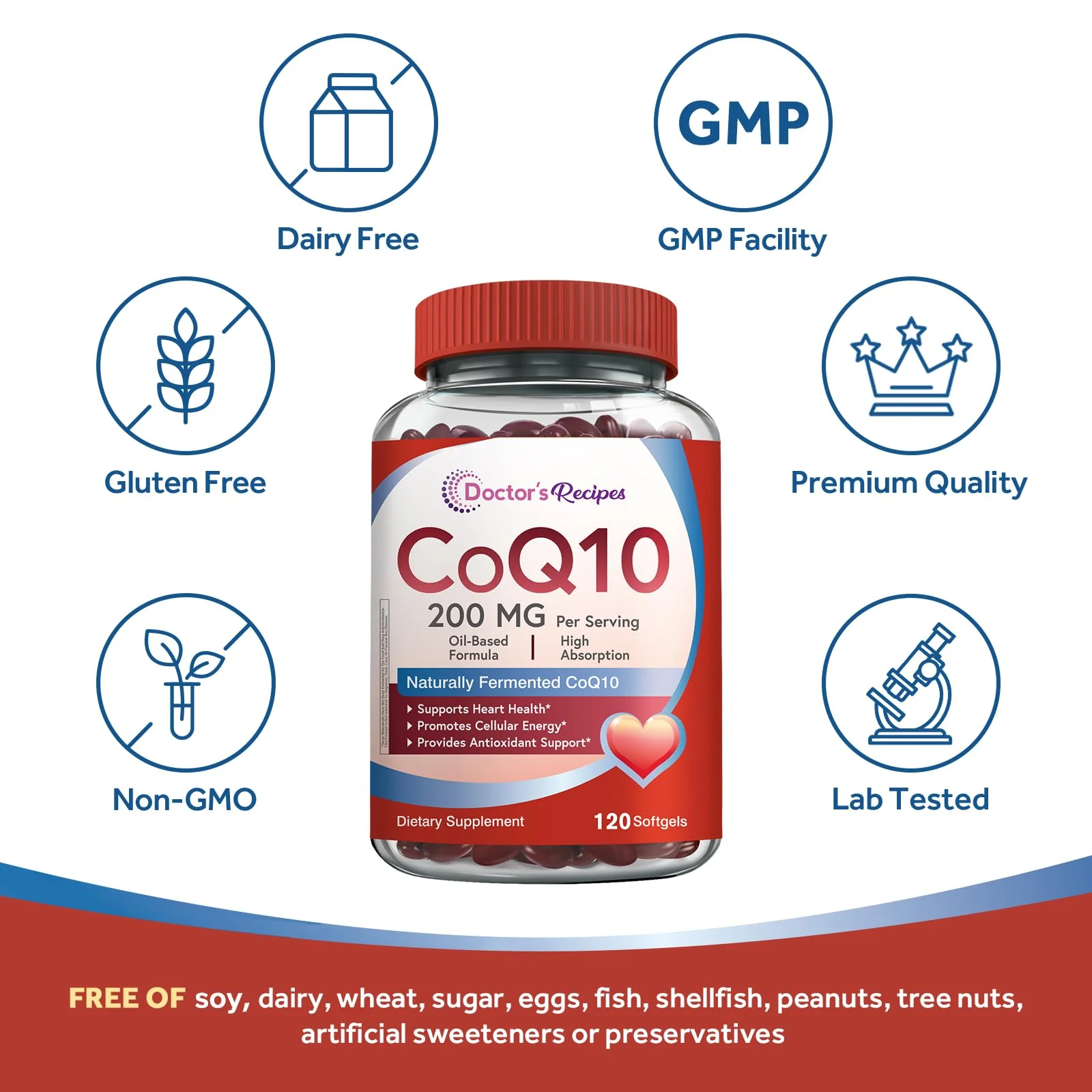 Doctor's Recipes CoQ10 200mg Per Serving, High Absorption Coenzyme Q10 Supplement with Olive Oil, Heart & Vascular Health, Energy Production & Antioxidant Support, 2 Month Supply, 120 Softgels - Image 6