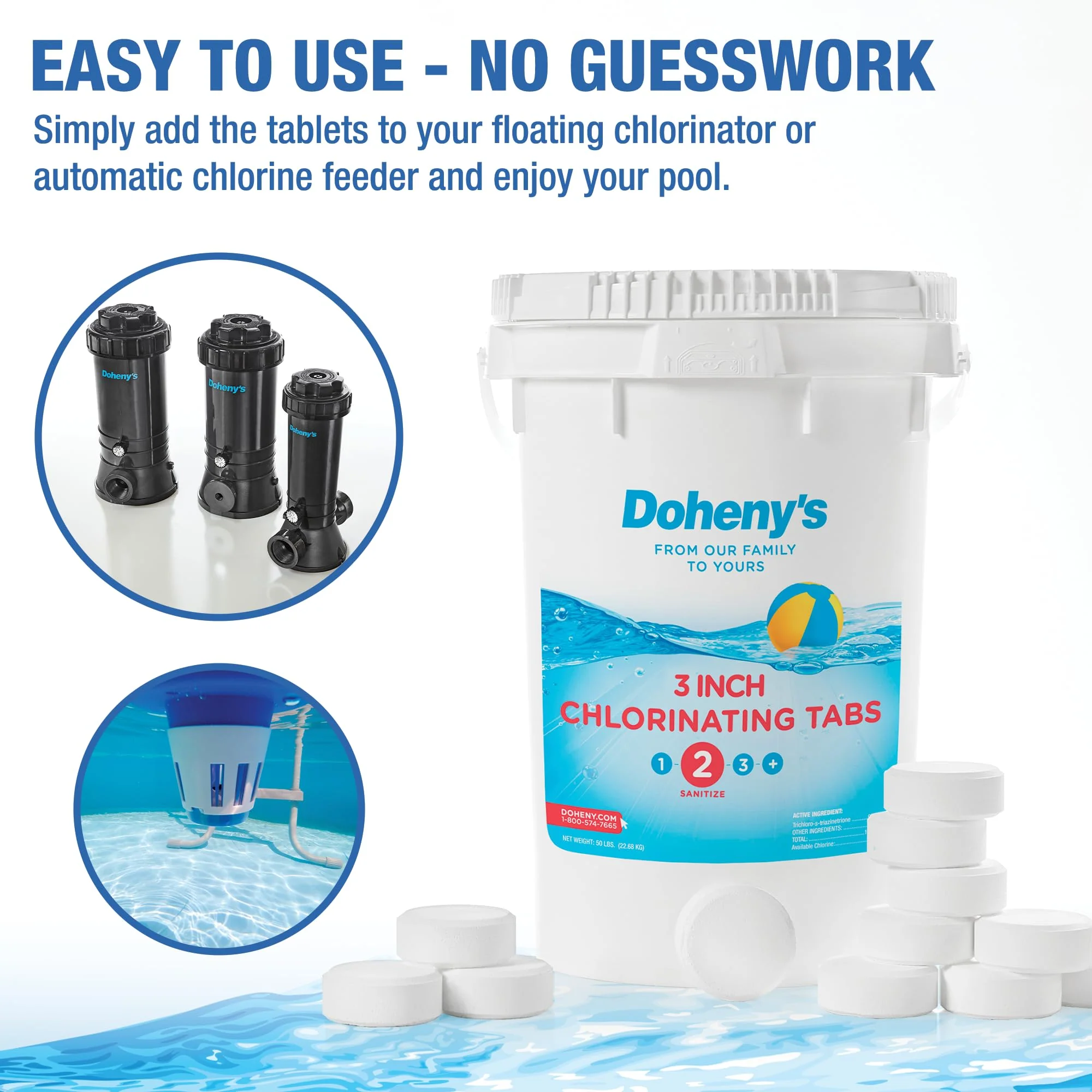 Doheny’s 3-Inch Stabilized Chlorine Tablets for Sanitizing Swimming Pools | 99% Pure Tri-Chlor, 90% Available Chlorine | Long-Lasting, UV-Protected, Slow-Dissolving | Individually Wrapped 50lb Bucket - Image 5